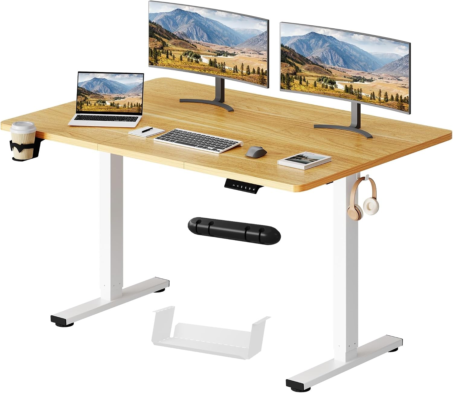SANODESK Bureau assis-debout électrique 140 x 60 cm avec mémoire et rappel de sédentarité, blanc + érable