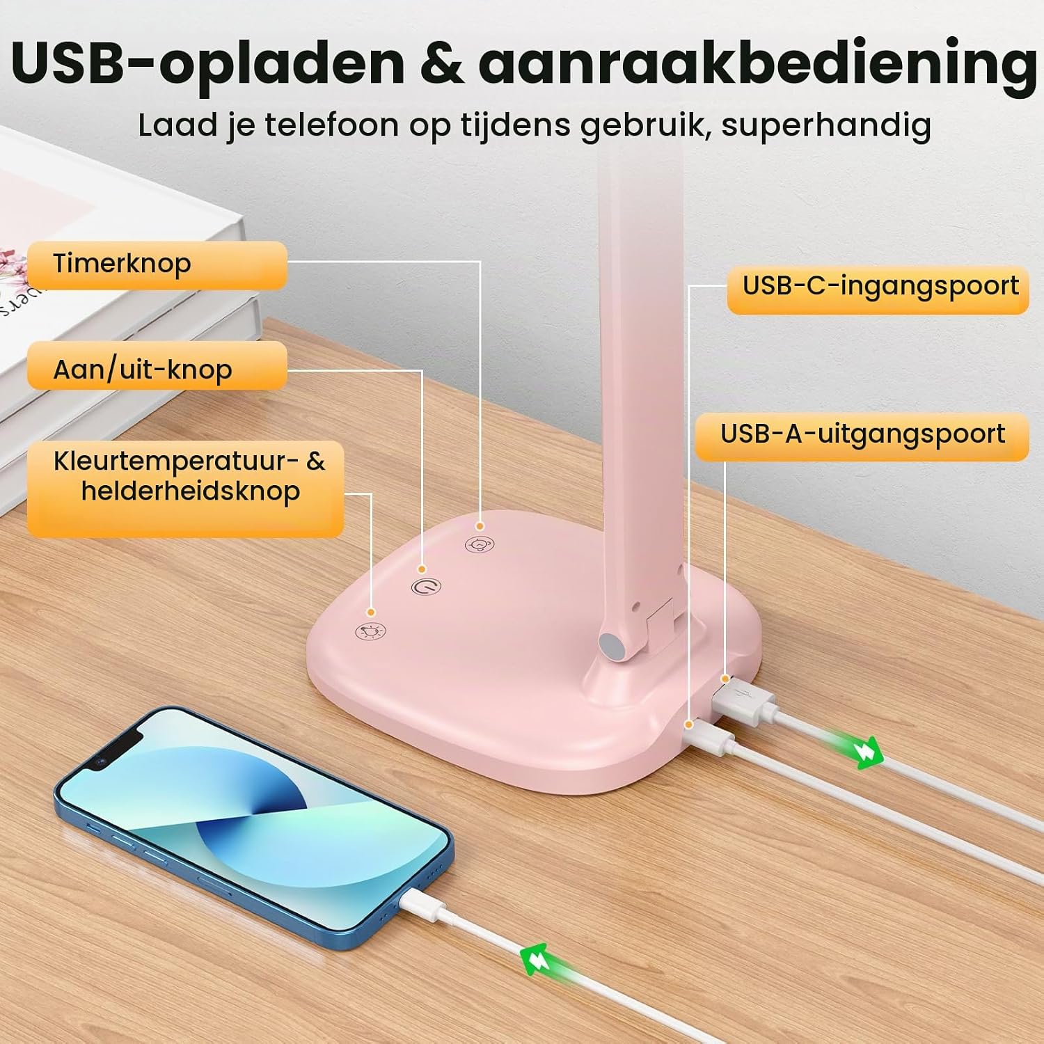 Detalle de KQPZ I7C opvouwbare led-bureaulamp met accu, 5 lichtkleuren en dimfunctie