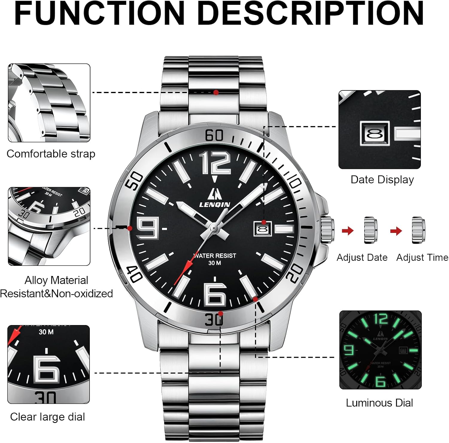 Detalle 2 de LN LENQIN Herrenarmbanduhr aus Edelstahl mit Quarzwerk, analogem Zifferblatt und Datumsanzeige