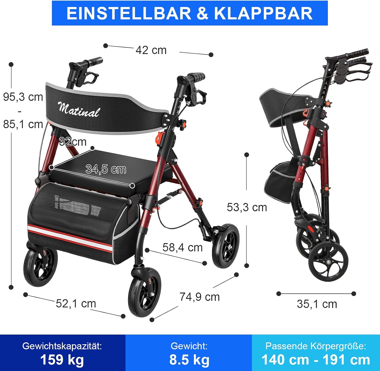 Thumbnail 6 de Matinal Leichtgewicht Rollator faltbar mit Sitz – bis 160 kg belastbar, 6-fach höhenverstellbar