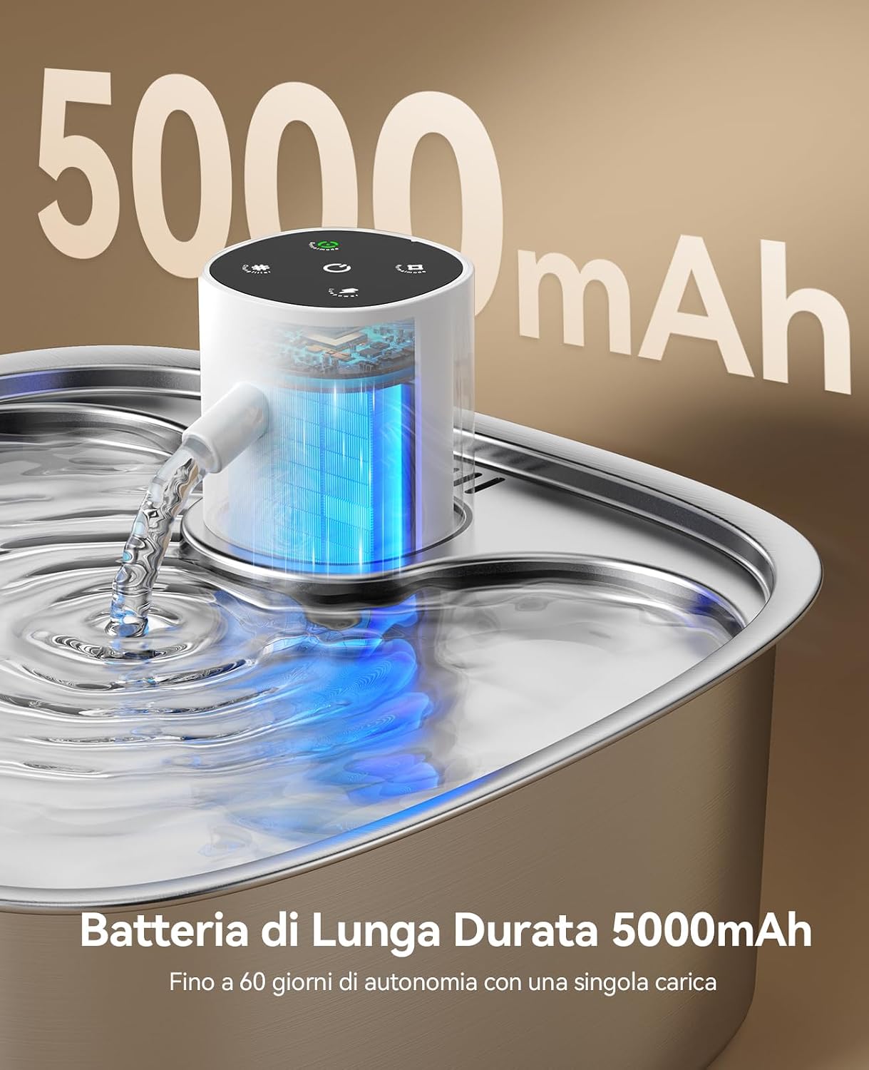 Detalle de FEELNEEDY 8L Fontanella per Gatti senza Fili con Batteria da 5000 mAh e Sensor Radar