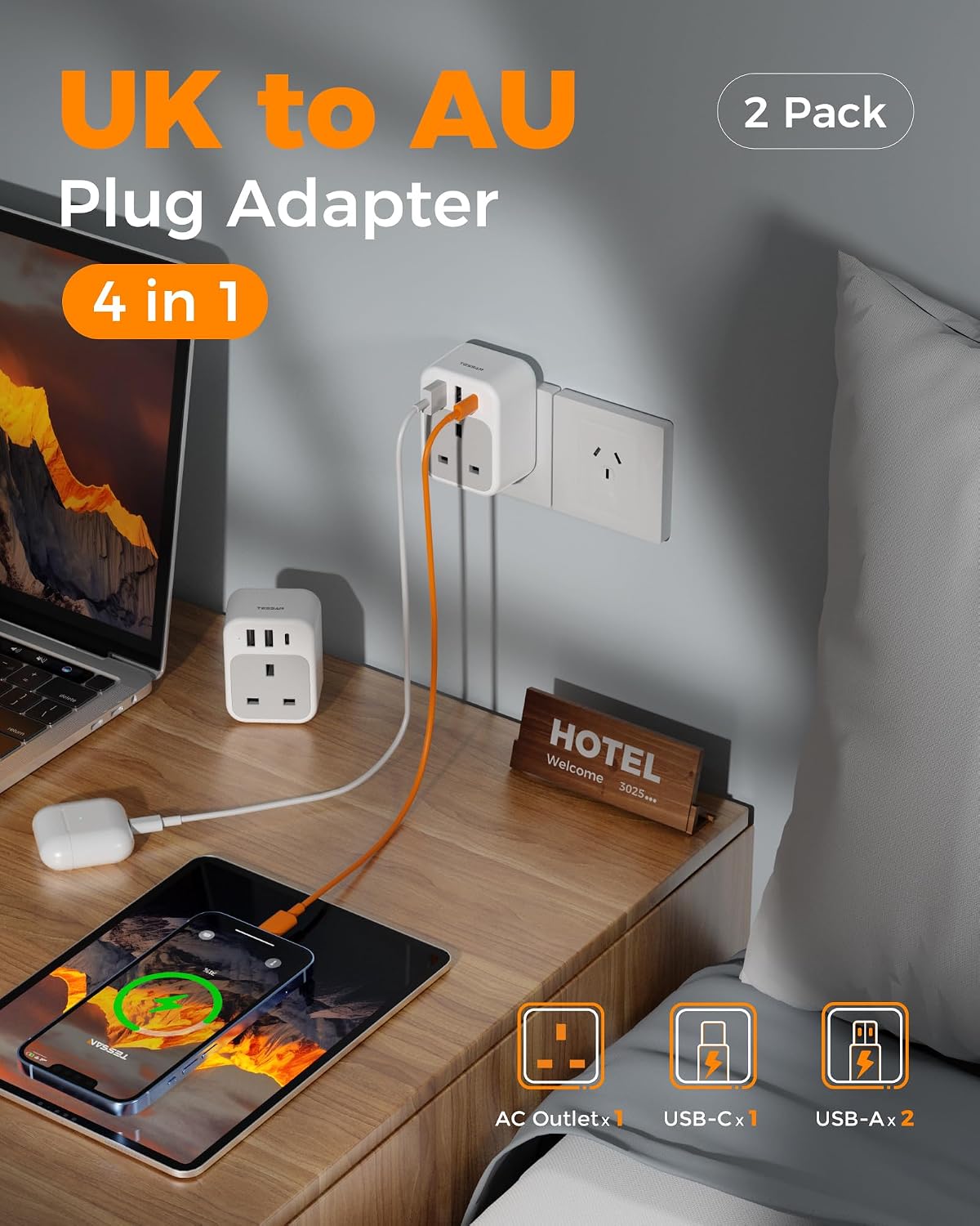 Detalle de TESSAN UK to Australia Plug Adapter 2-pack with USB A and USB‑C 🔌
