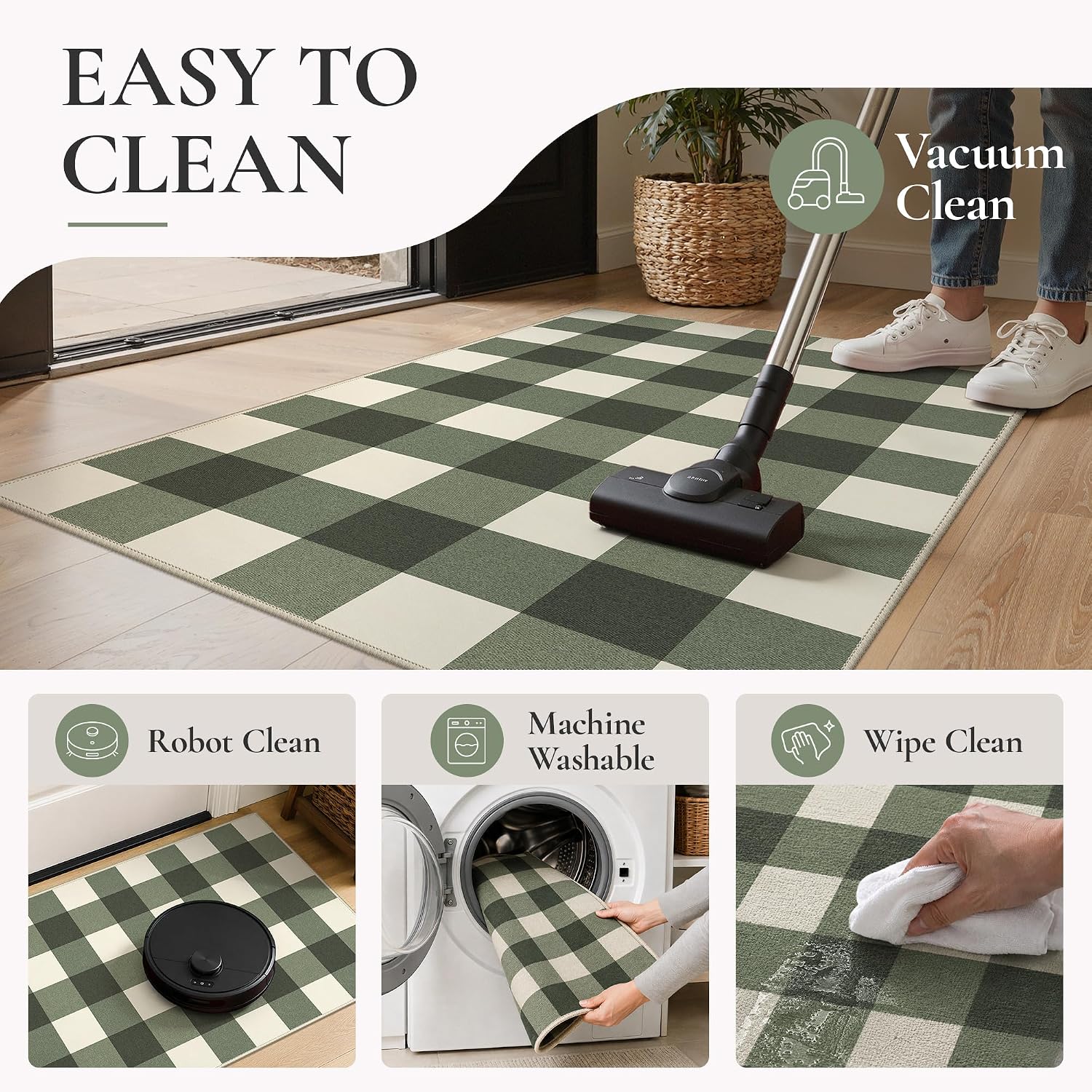 Thumbnail 6 de GENIMO 2.3 x 3.6 Rug, Sage Green Washable Outdoor Buffalo Check