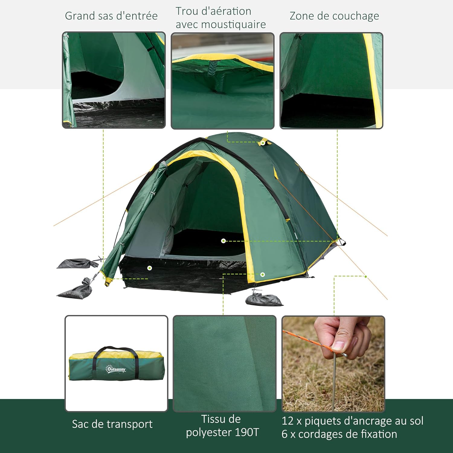 Thumbnail 3 de Outsunny Tente de Camping 2–3 Personnes, Tente dôme étanche légère et ventilée