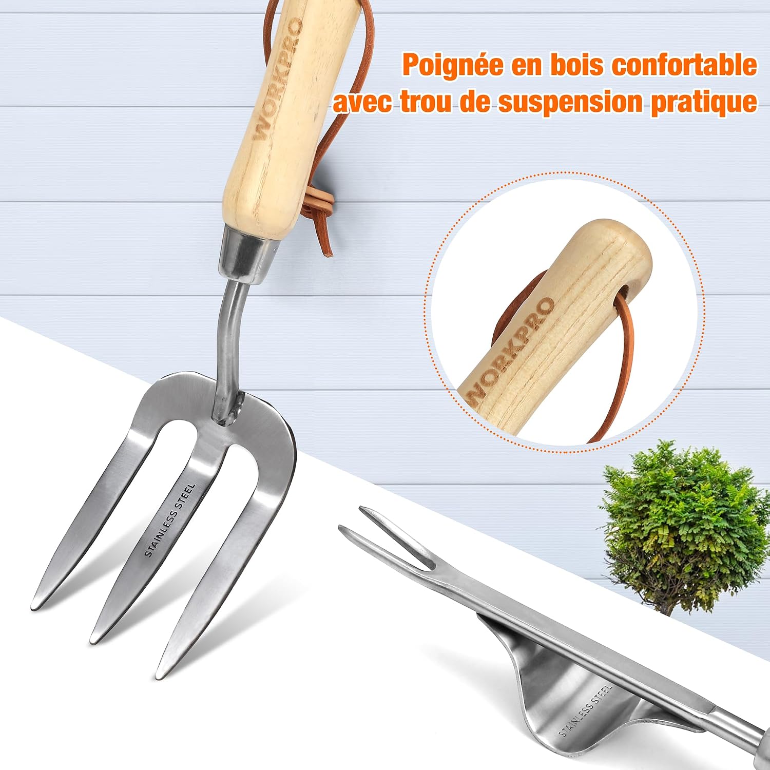 Detalle de WORKPRO Ensemble d'Outils de Jardinage 8 pièces – Acier inoxydable et poignée en bois