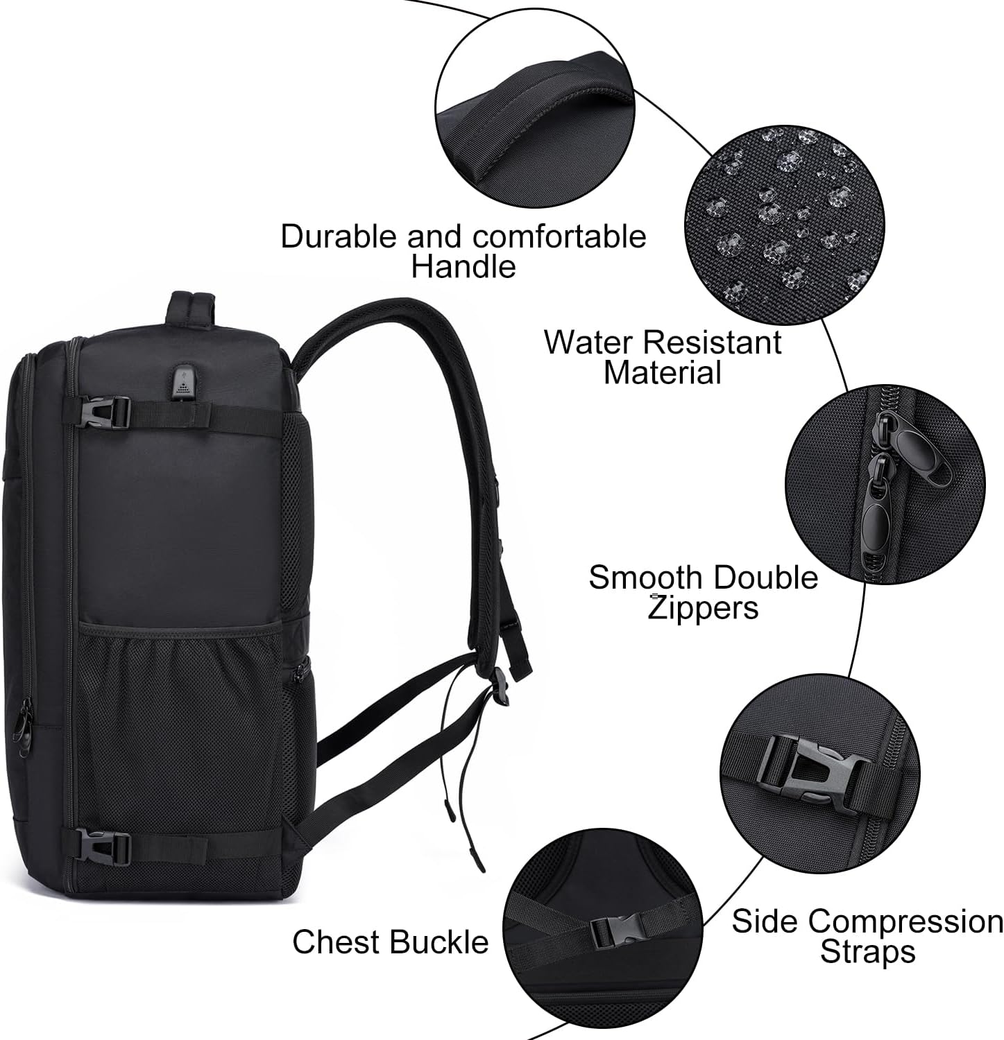 Detalle de Cabin Bag 55x35x25cm (48L) Travel Backpack with USB Charging Port and Laptop Compartment – Cabin carry-on approved, Black