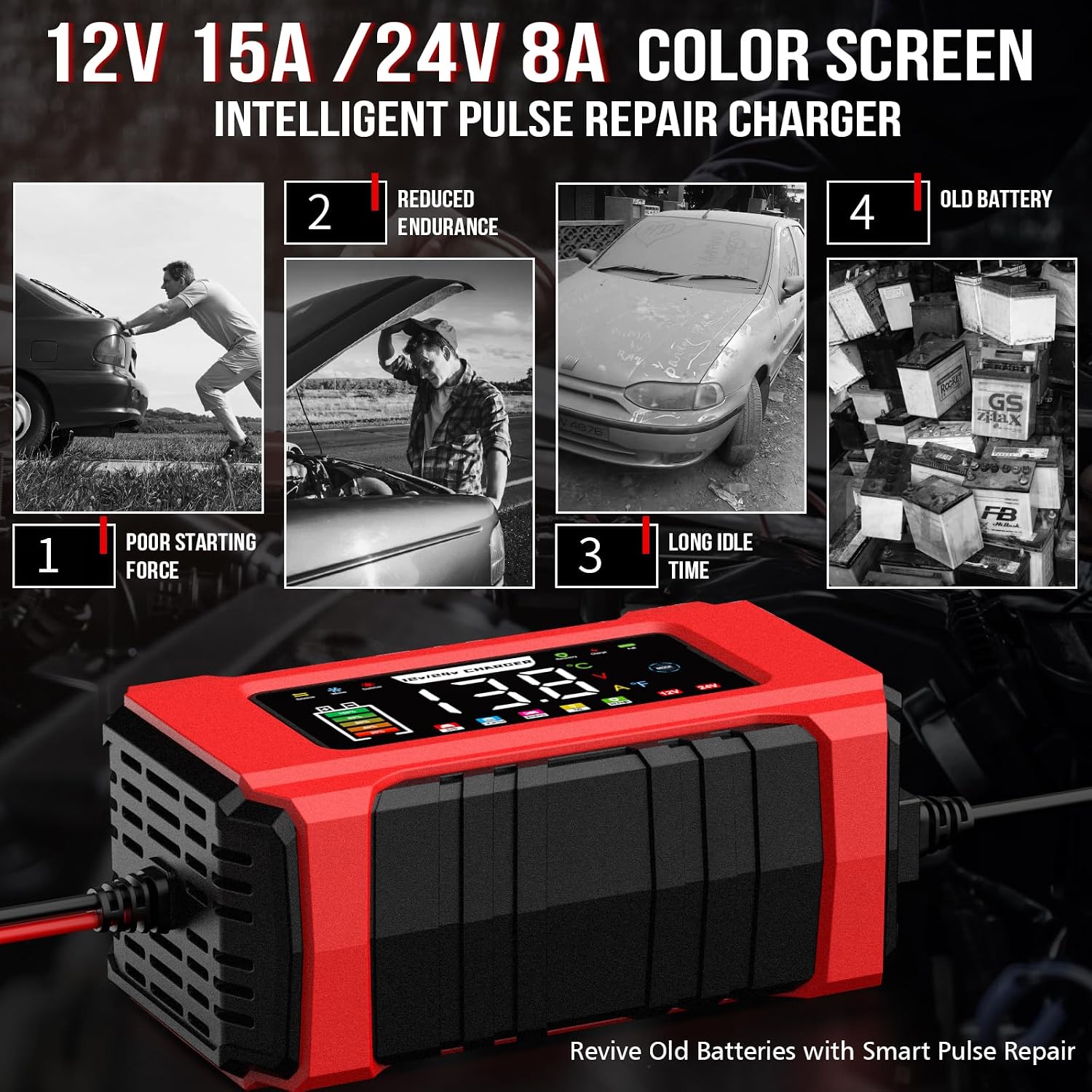Thumbnail 6 de 15A Car Battery Charger, 12V/24V Smart Fully Automatic with Temperature Compensation