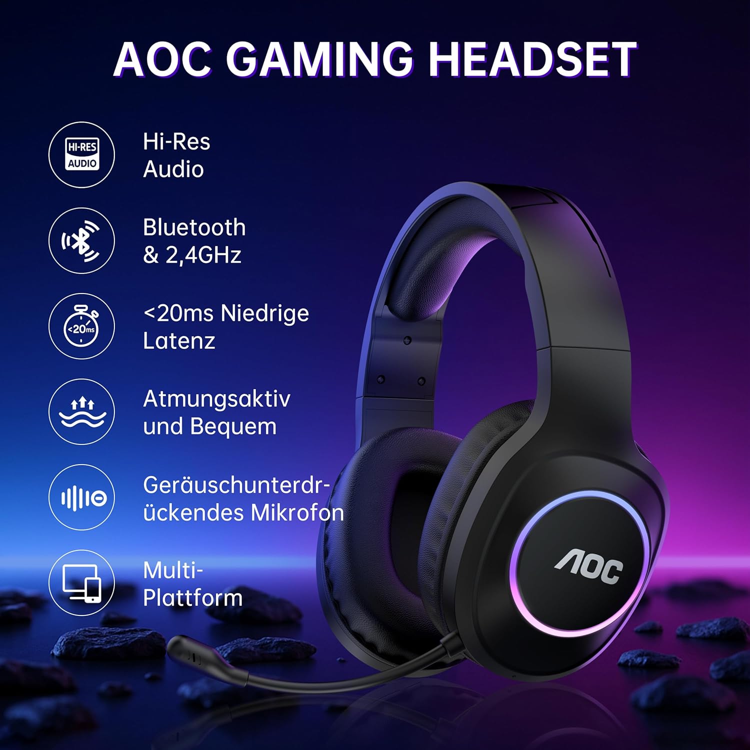Detalle de AOC Gaming Headset kabellos: 2,4 GHz + Bluetooth 5.4, 7.1 Surround, 239 g
