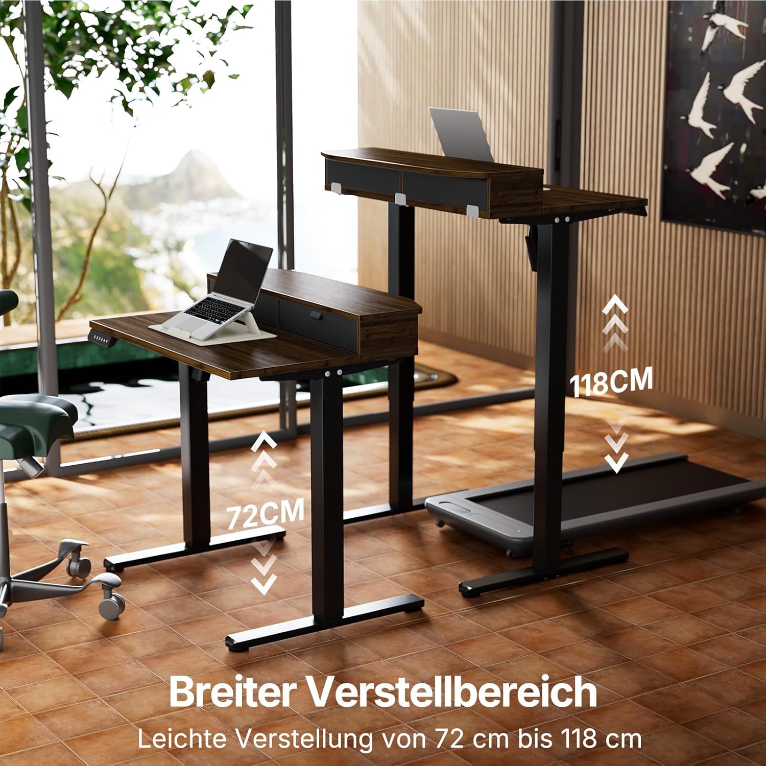 Thumbnail 3 de HUANUO Höhenverstellbarer Schreibtisch 80x53 cm mit Schubladen – 4 Gedächtnis-Höheneinstellungen, C-Klemme kompatibel