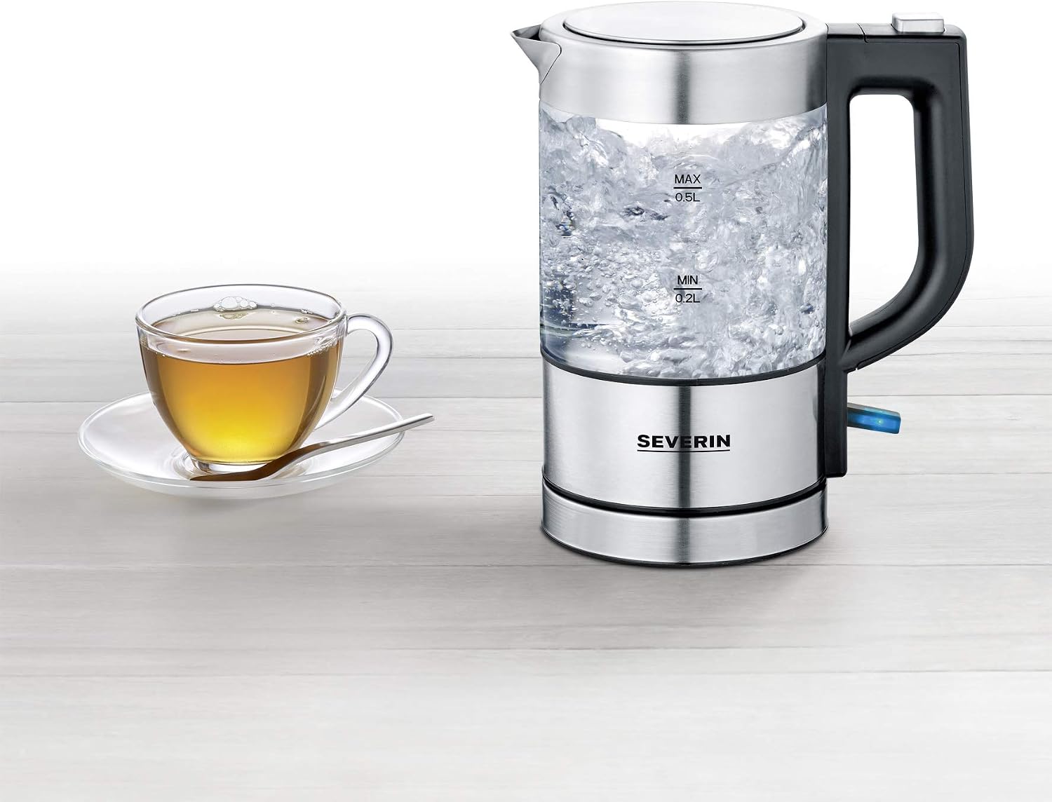 Detalle de SEVERIN Mini Bollitore in Vetro WK 3472 – 0,5 L, 1100W, vetro e acciaio, filtro anticalcare removibile