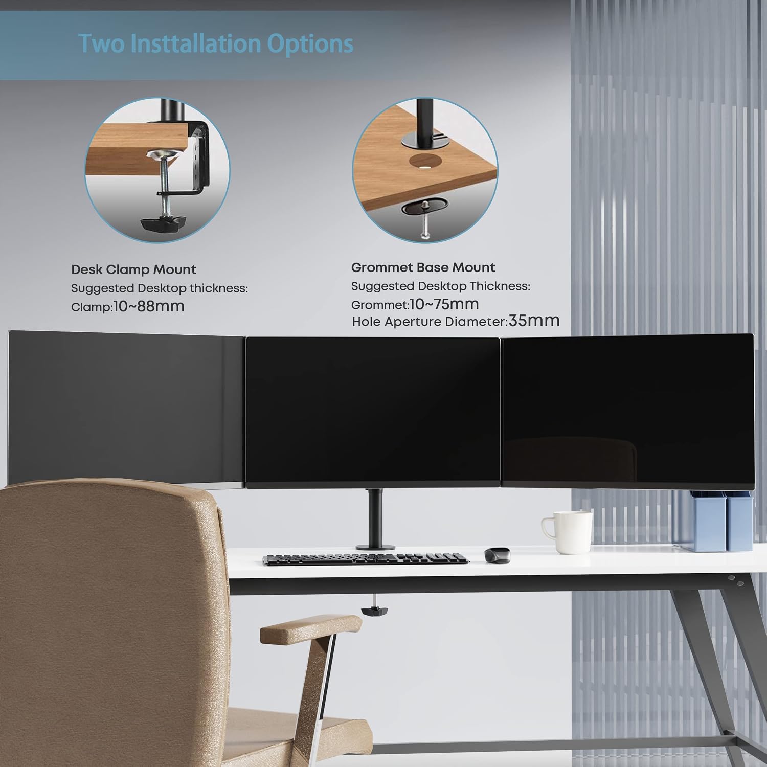 Detalle 2 de PUTORSEN Tischhalterung für 3 Monitore (13–27 Zoll) mit Neigung, Drehung und Höhenverstellung