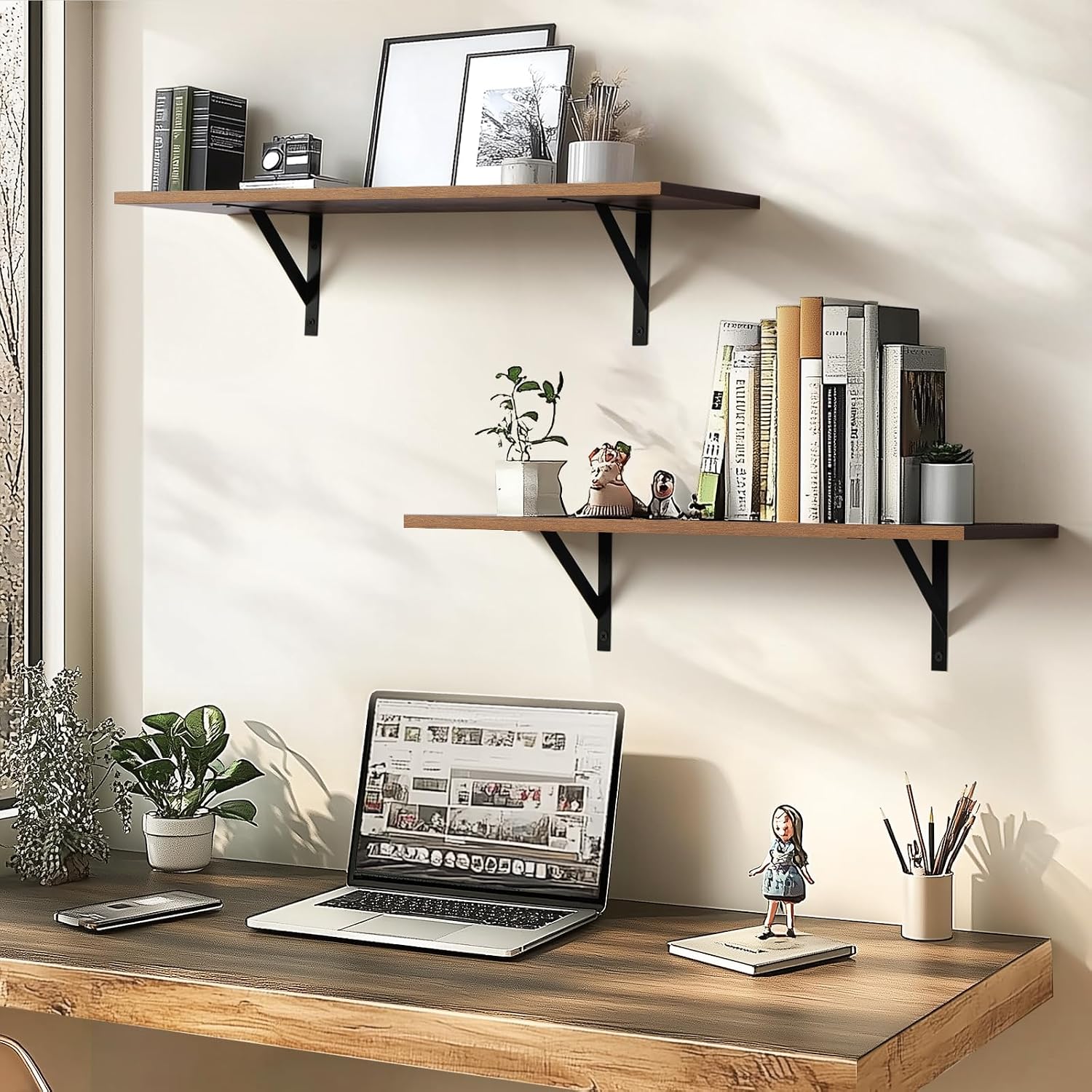 Detalle de Tectocker-DOU 123 Floating Wall Shelves, 31.5-Inch Rustic Brown, 40 lb Capacity