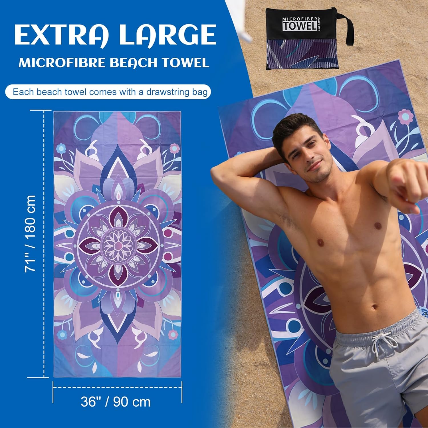 Detalle de Anavasi Microfibre Beach Towels for Adults – 2 Pack, 180x90 cm, Double-Sided Print