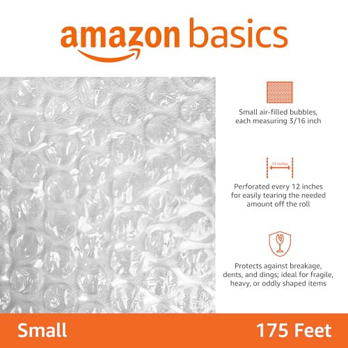 Detalle de Amazon Basics Bubble Wrap for Moving, 12-inch x 175-ft, Small 3/16" Perforated Clear