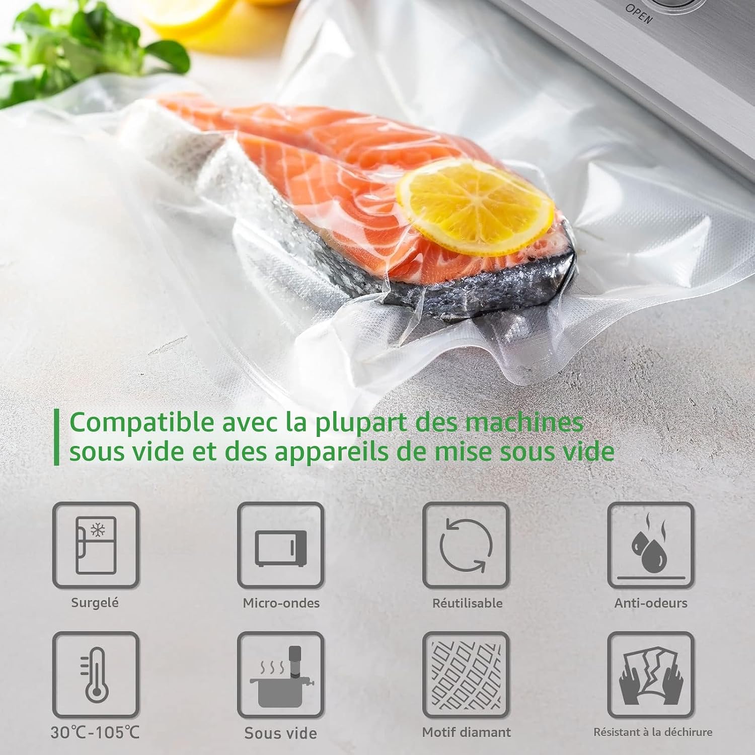 Thumbnail 2 de KitchenBoss Sac Sous vide Alimentaire : Rouleaux gaufrés sans BPA pour cuisinière sous vide (8 rouleaux, 20x300 cm et 28x300 cm)