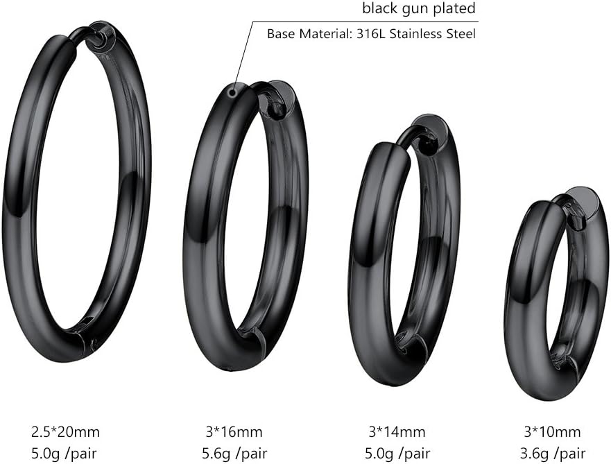 Thumbnail 3 de PROSTEEL lot de 4 paires de petites créoles en acier inoxydable 316L et plaqué or noir (10/14/16/20 mm)