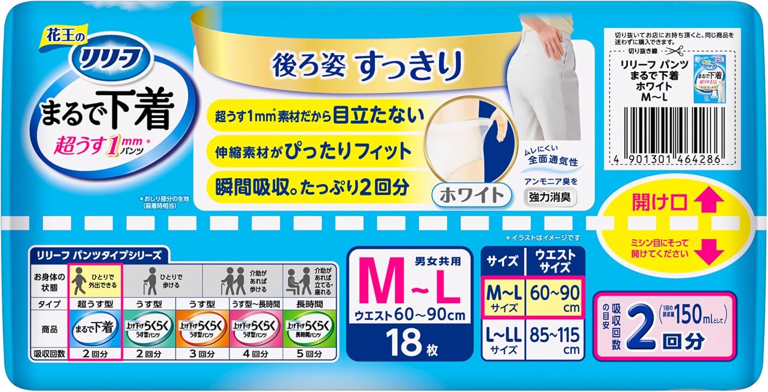 Detalle de リリーフ まるで下着 パンツタイプ M 18枚入り、2回分・超うす1mmの大人用おむつ