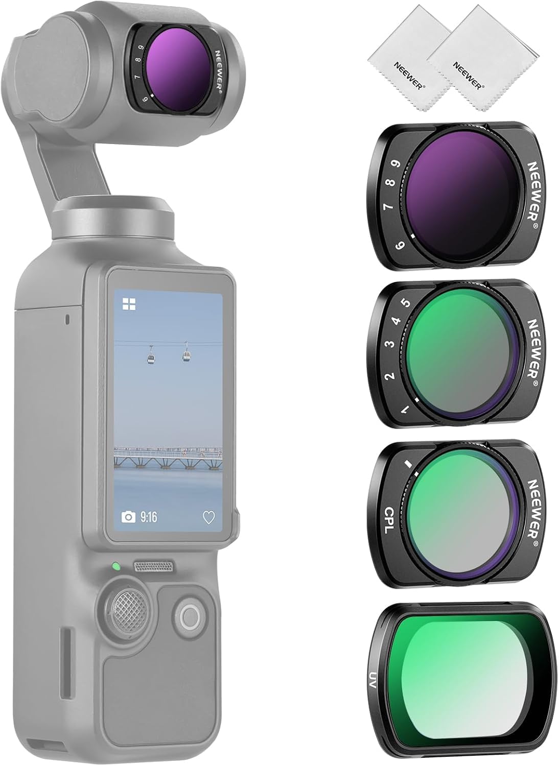 Detalle de NEEWER Kit de filtres ND variables ND2-32/ND64-512 pour DJI Osmo Pocket 4/3 Creator Combo