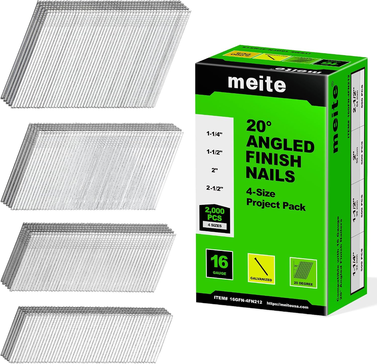 Detalle de meite 16GFN-4FN212 16-Gauge Angled Finish Nails, 4 Lengths, 2,000-Count
