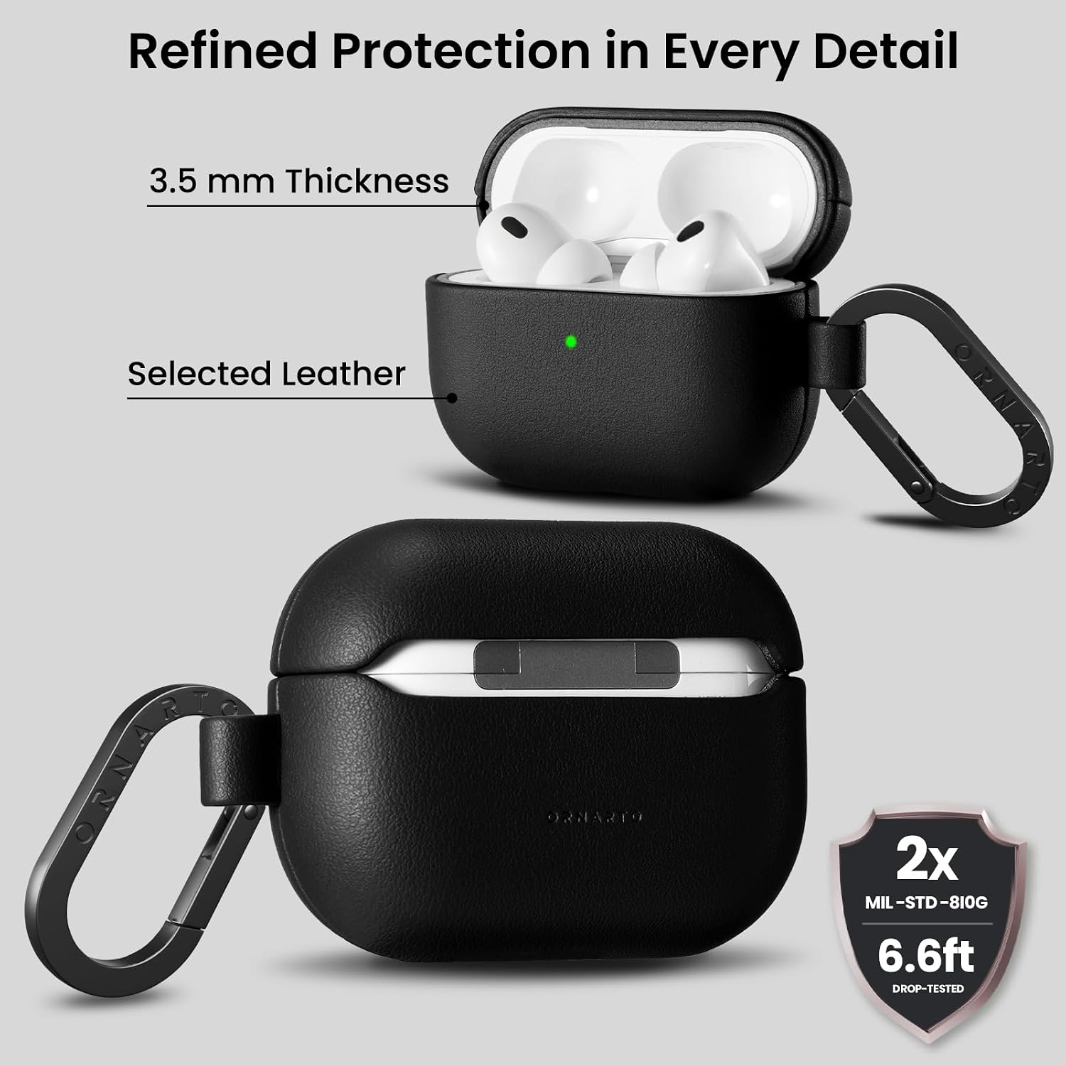 Detalle de ORNARTO Leather Case for AirPods Pro 3 (2025) with Carabiner – Black