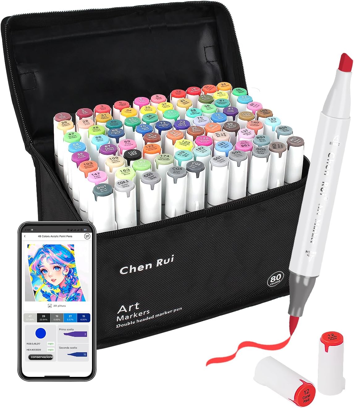 Chen Rui 80 Colori Pennarelli ad Alcool con App e Puntya Doppia Punta Brush