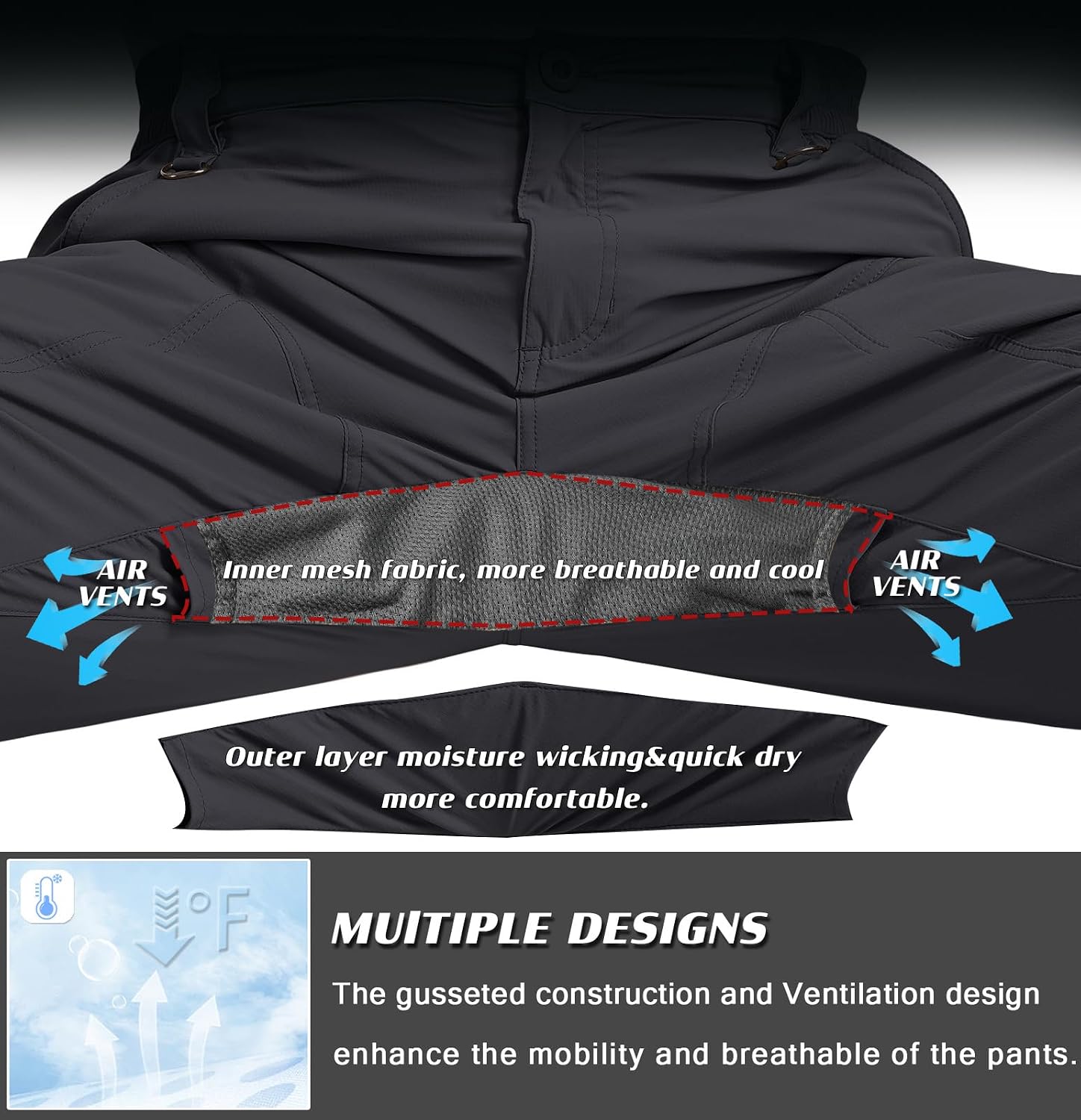 Thumbnail 5 de Mens Lightweight Cargo Hiking Pants (Quick-Dry, Water-Resistant) with 6 Zipper Pockets