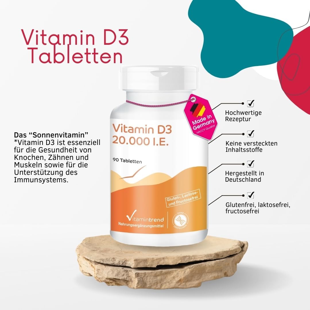 Detalle de Vitamintrend Vitamin D3 20000 I.E. Hochdosiert – 90 Tabletten, schluckfreundlich, Ohne Zusatzstoffe, in Deutschland hergestellt