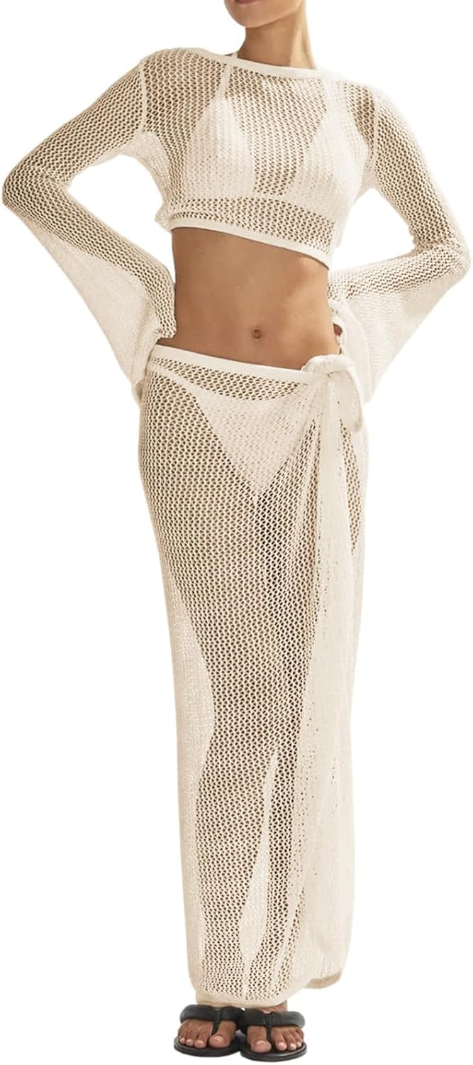Thumbnail 1 de LANNEW Women's Crochet 2-Piece Swim Cover Ups Set: Hollow Out Mesh and Crochet Beachwear