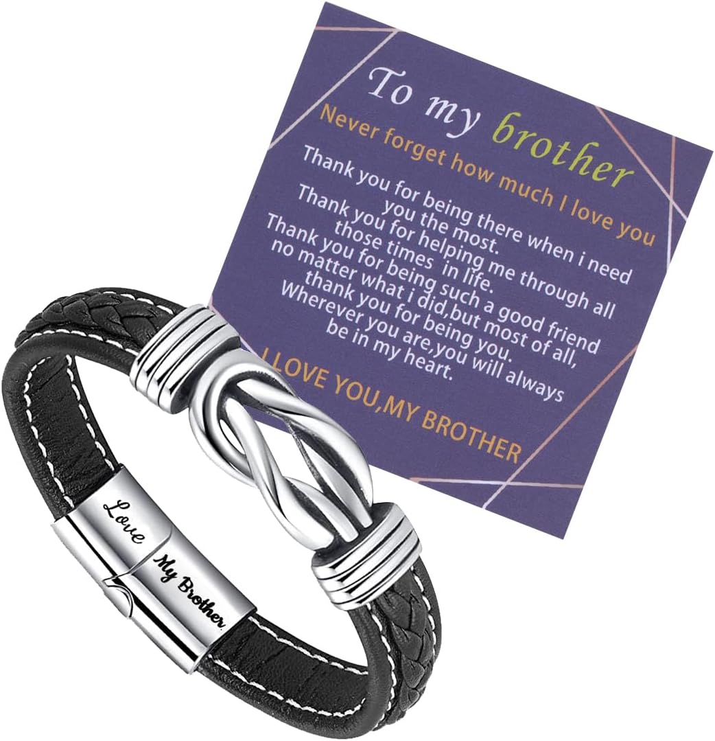 Detalle de Leather braided bracelet with engraved “Love My Brother” clasp gift for men