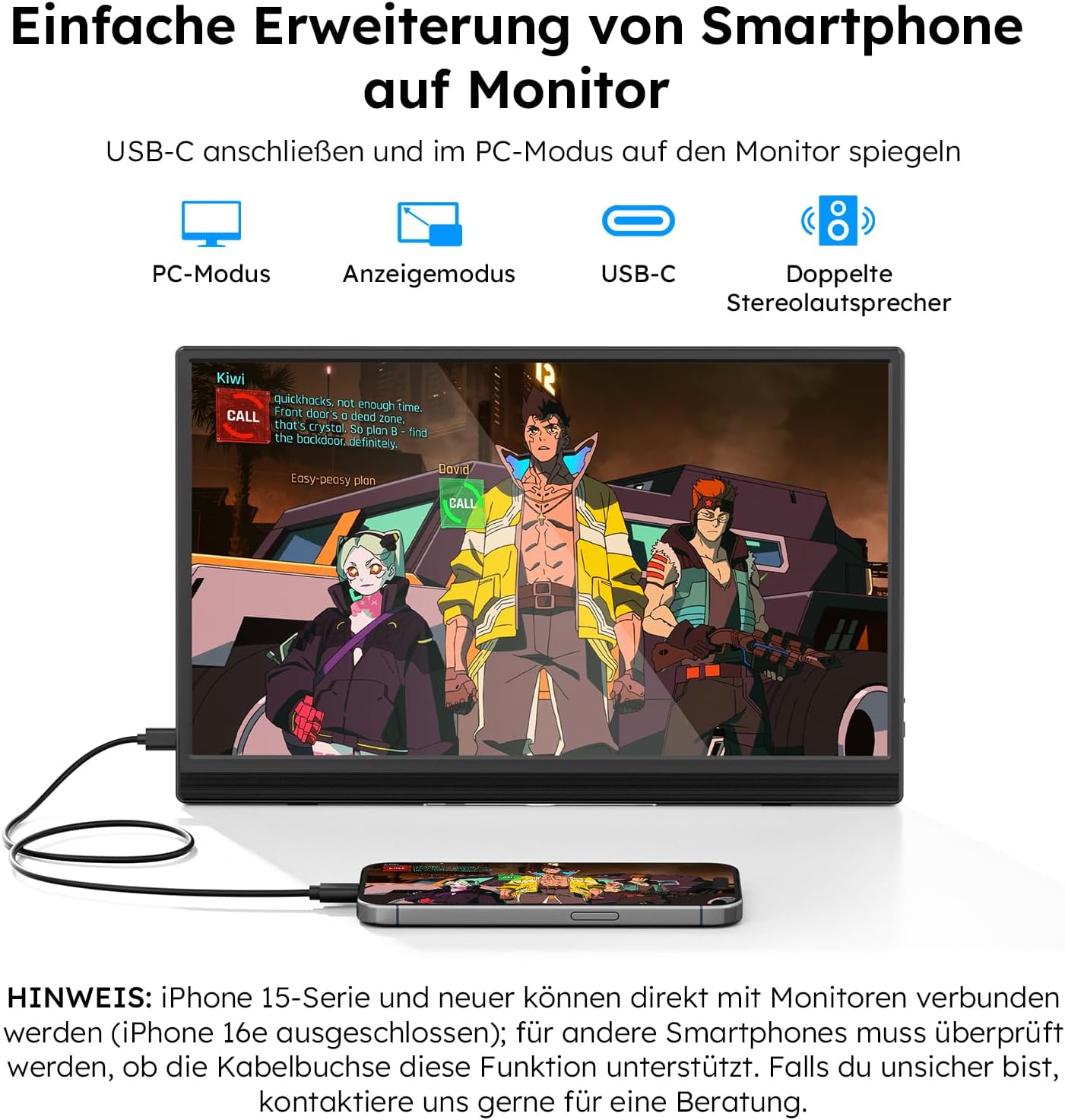 Detalle de Dopesplay Portable Monitor 15,6 Zoll (1080P) mit Lautsprecher & einstellbarem Ständer – ultradünnes USB‑C/HMDI Zusatzdisplay