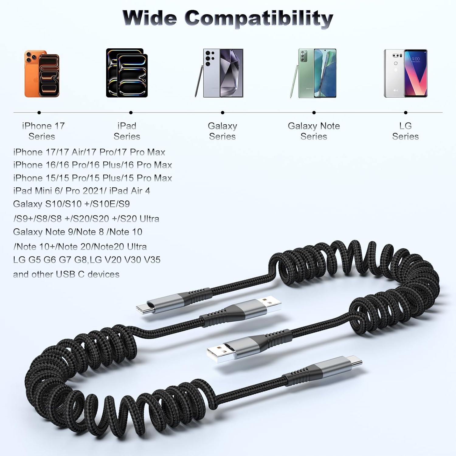 Thumbnail 3 de FOXSEA 2-Pack Coiled USB-C Cable for iPhone 17/16/15 All Series – 1ft to 3.28ft, USB-A to USB-C, Braided Fast Charging Cord