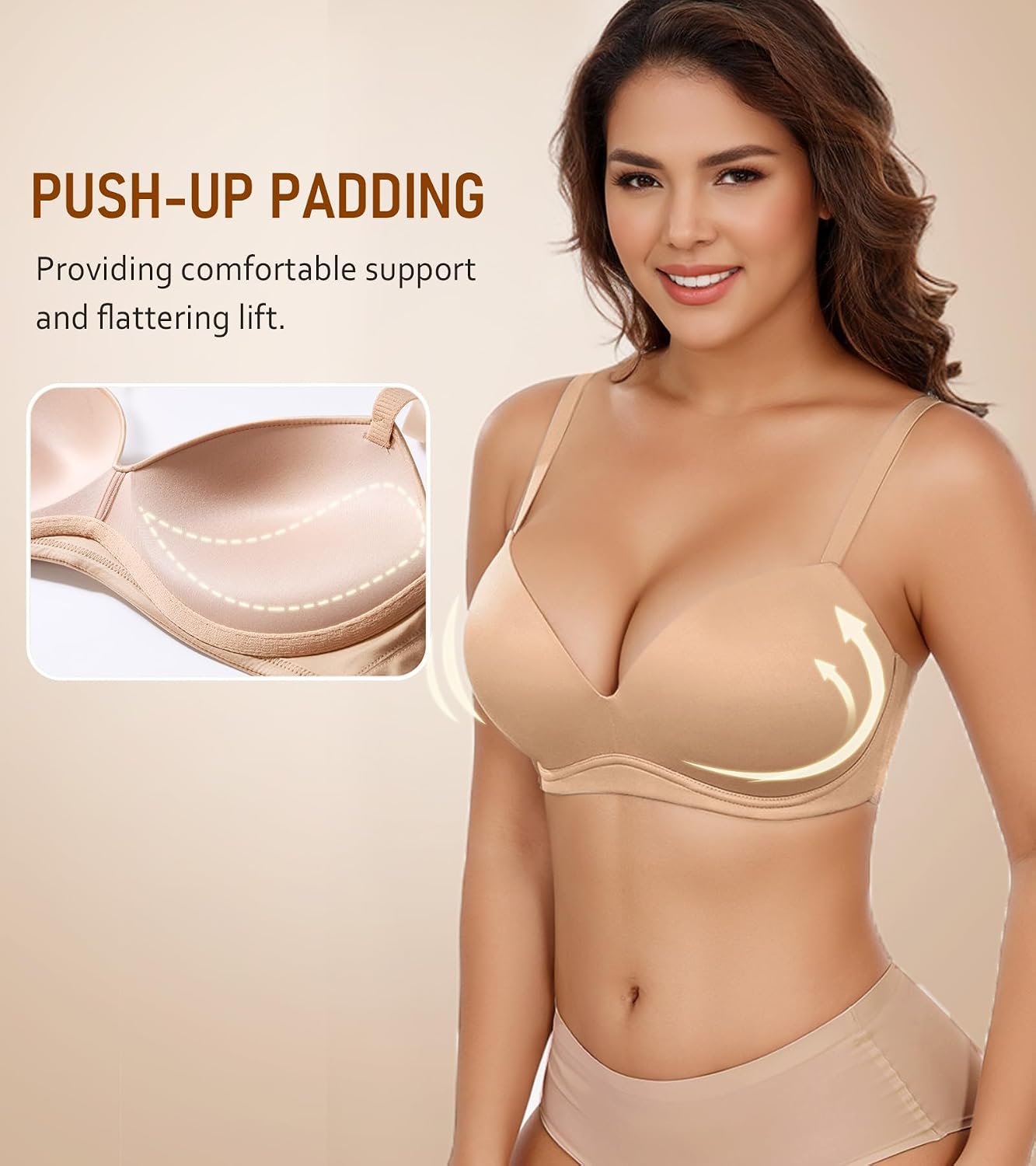 Detalle 2 de DotVol Damen Push-Up BH ohne Bügel – gepolstert, V-Ausschnitt, vielseitig tragbar