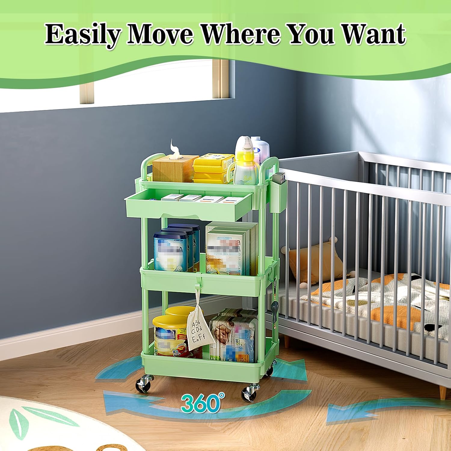 Detalle 2 de SUNALLY 3-Tier Rolling Cart with Drawer, Green, 4 Swivel Wheels