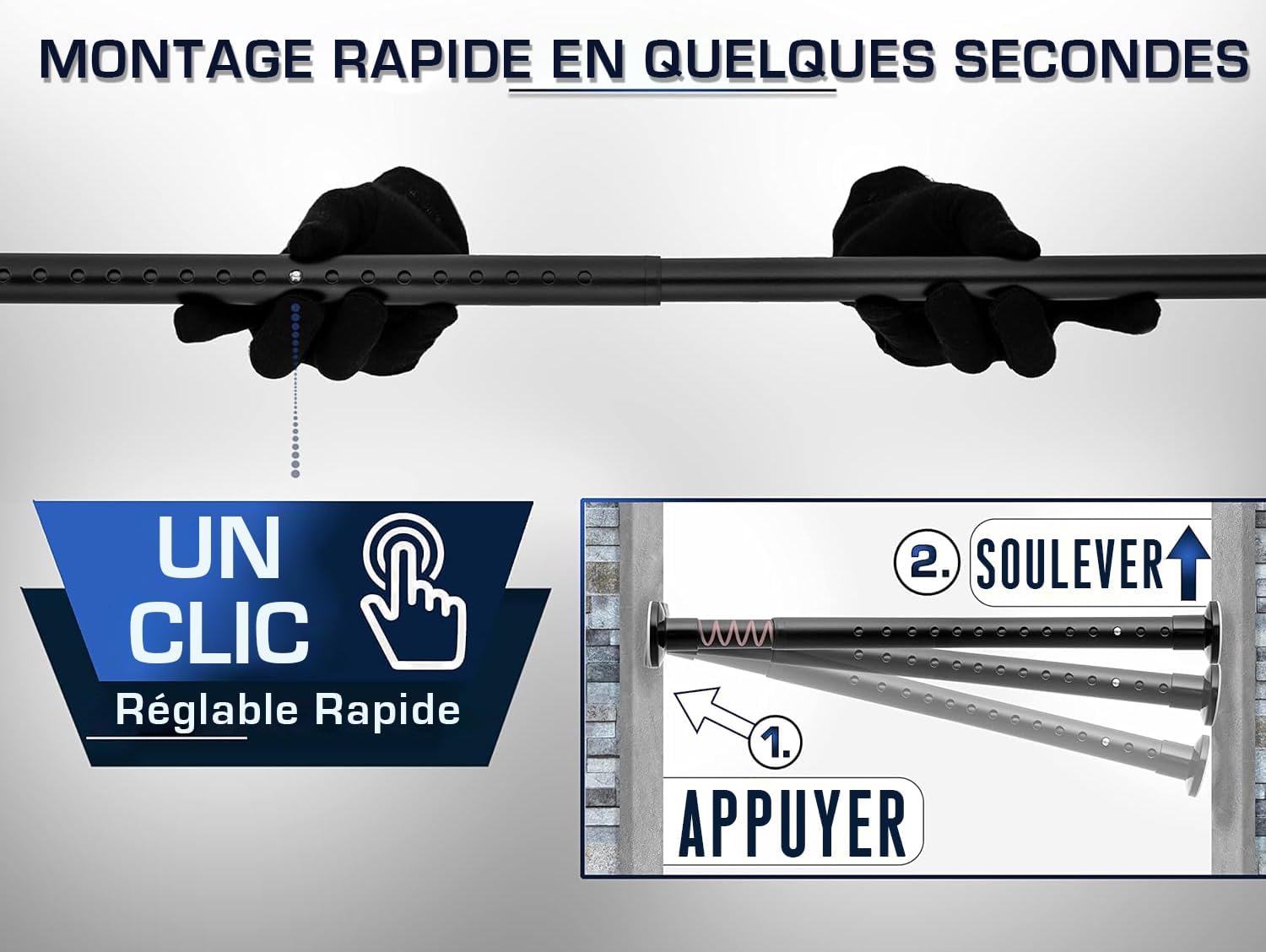 Detalle de MEISENBERG tringle rideau de douche télescopique sans perçage 260–310 cm, noir mat, Ø 32 mm