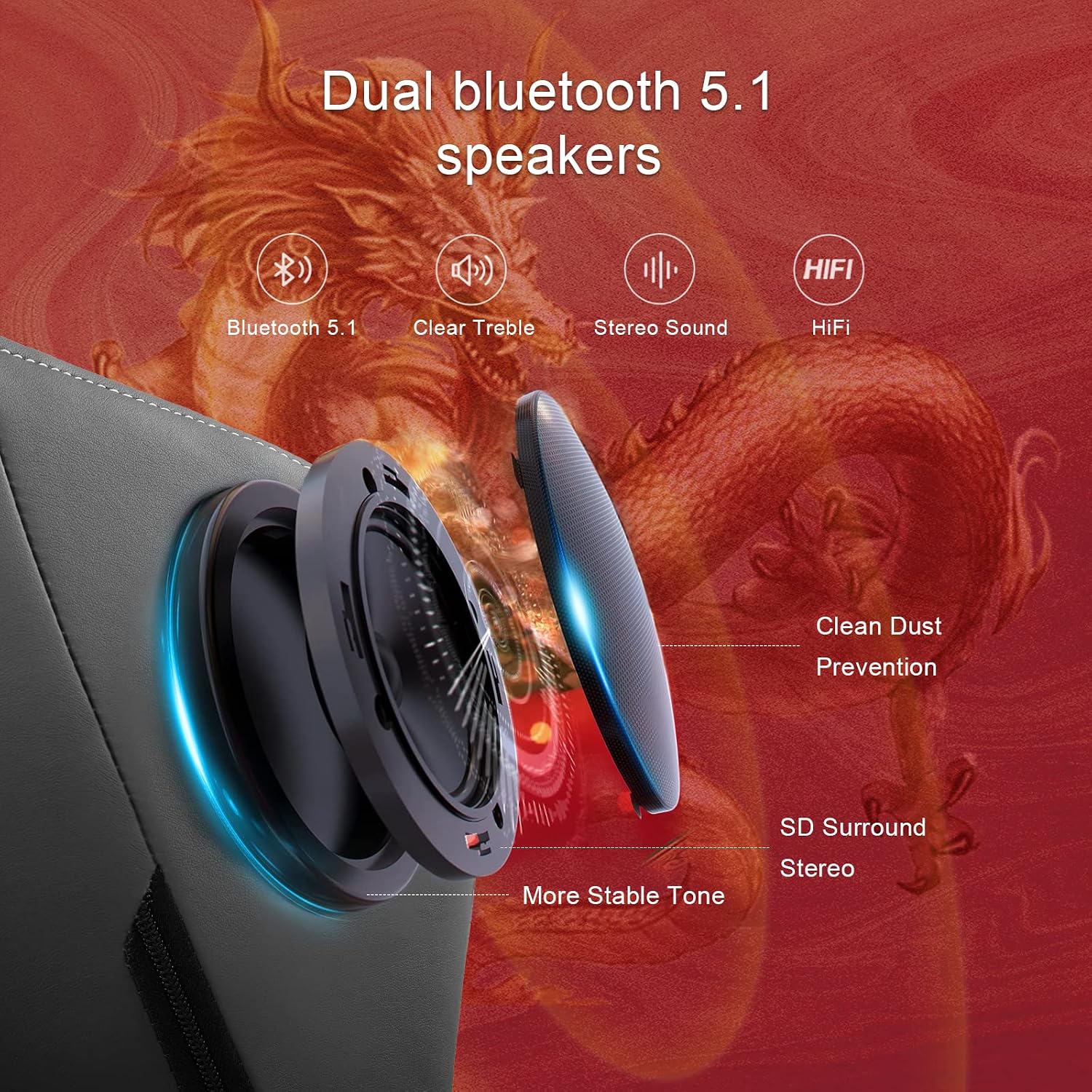 Detalle de GTPLAYER Serie Dragon sedia gaming ergonomica reclinabile con altoparlanti Bluetooth 5.1 e poggiapiedi (grigio)