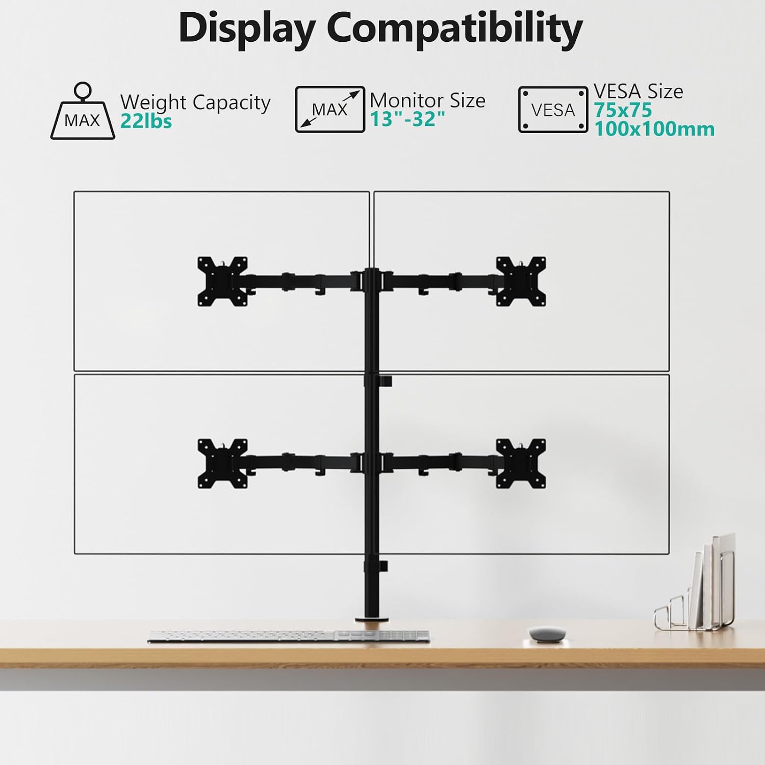 Detalle 2 de WALI M004 Quad Monitor Desk Mount, Adjustable Arms for Screens up to 27 Inch