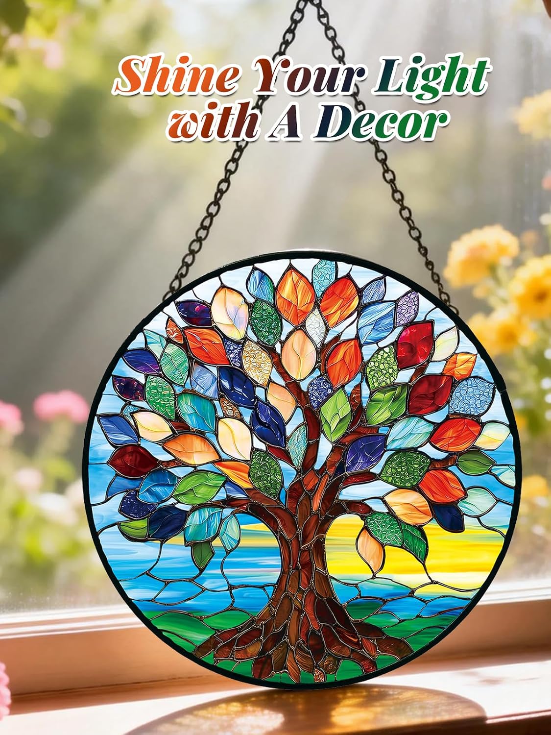 Detalle 2 de Meyocky Tree of Life Stained Glass Suncatcher, 7.8-Inch Round Window Hanging