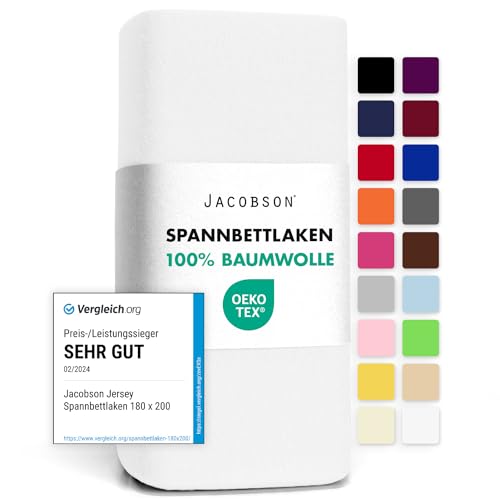 Detalle de Jacobson BASIC Spannbettlaken Jersey Baumwolle 180x200–200x200 cm, Weiss