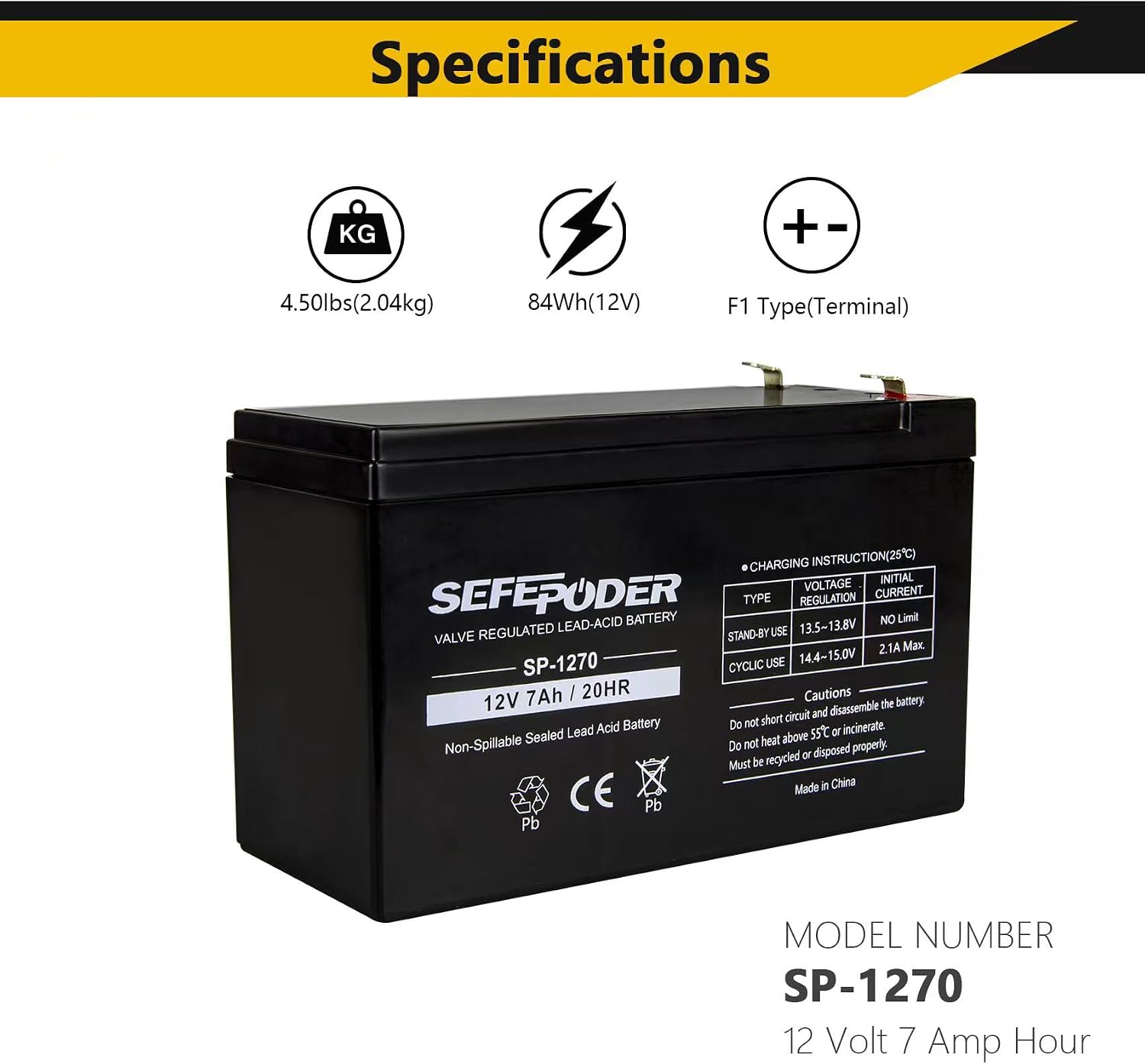 Detalle de SEFEPODER SP-1270 12V 7Ah Sealed Lead-Acid Battery, 2-Pack, F1 Terminals