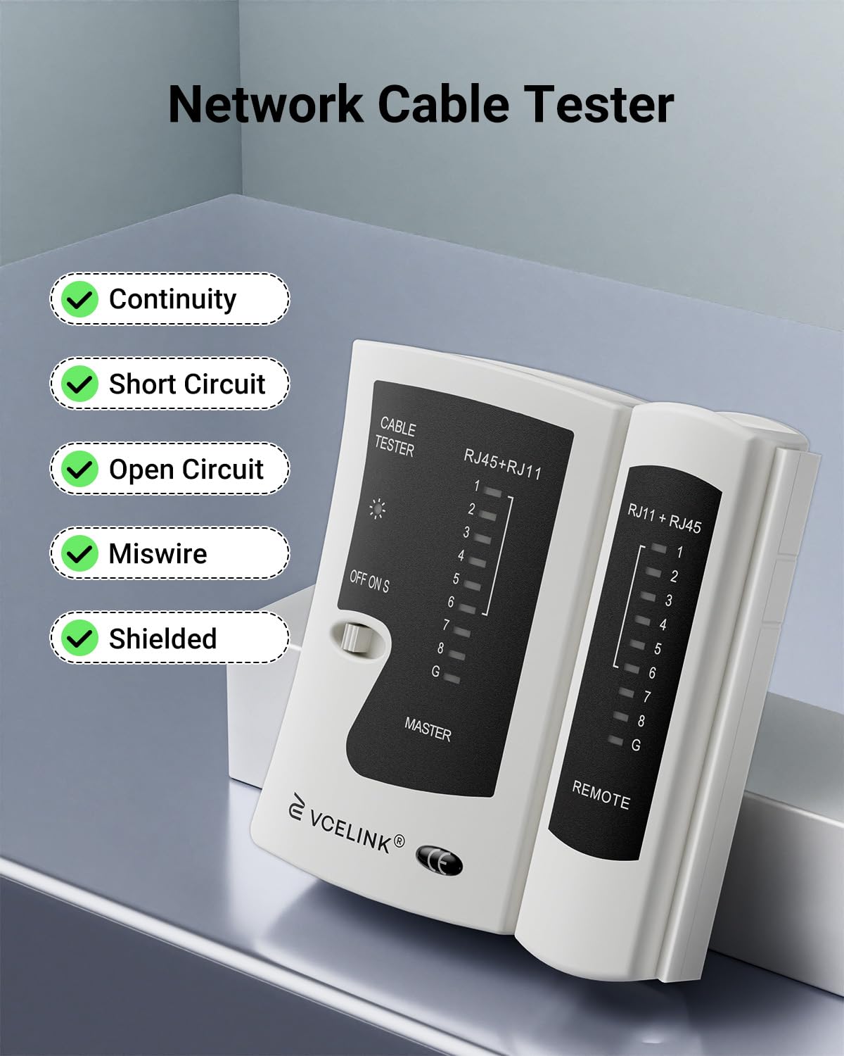 Detalle de VCELINK GJ468 Network Cable Tester – RJ45/RJ11 for Cat5–Cat7, practical tester for wiring you can trust