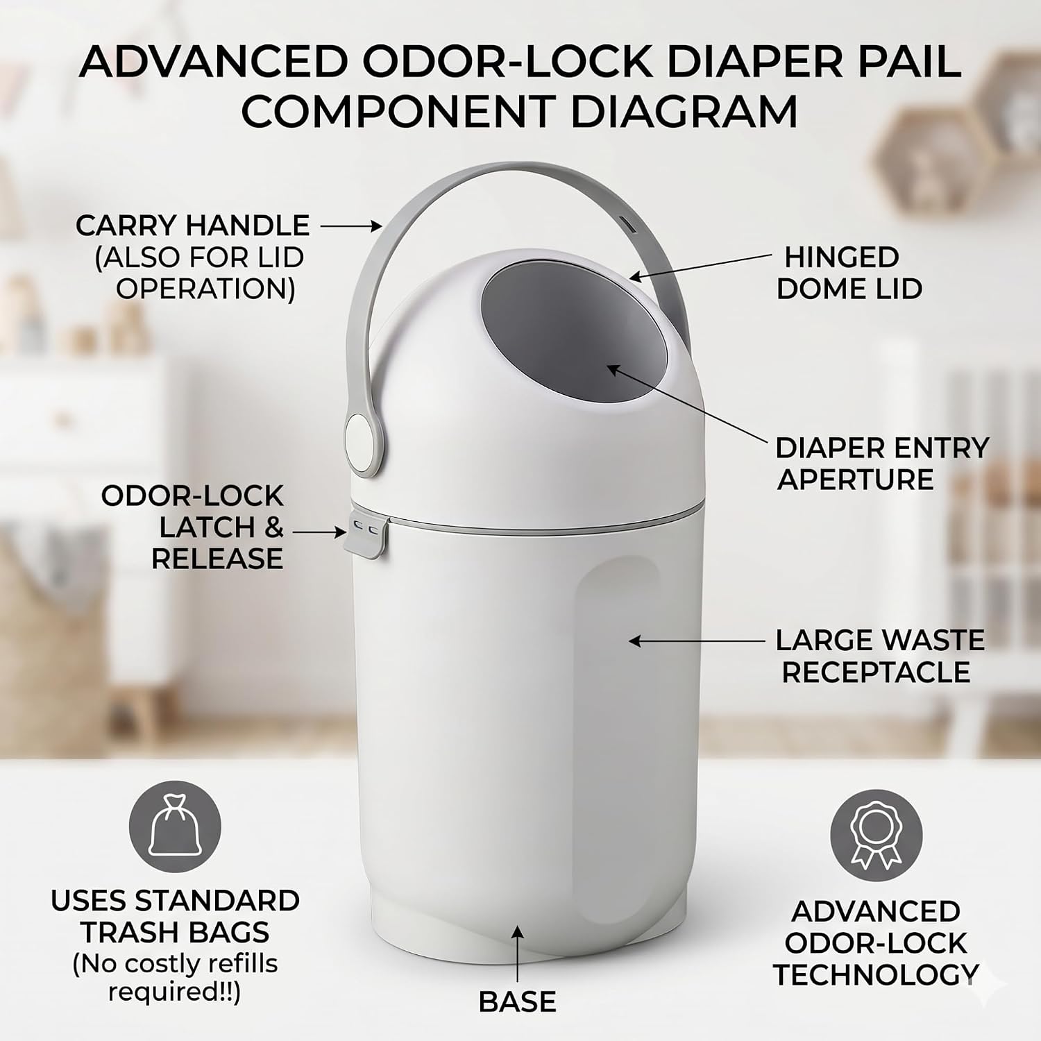 Thumbnail 2 de P@B PBell Diaper Pail, New Grey, 15 L with Odour-Control Lid