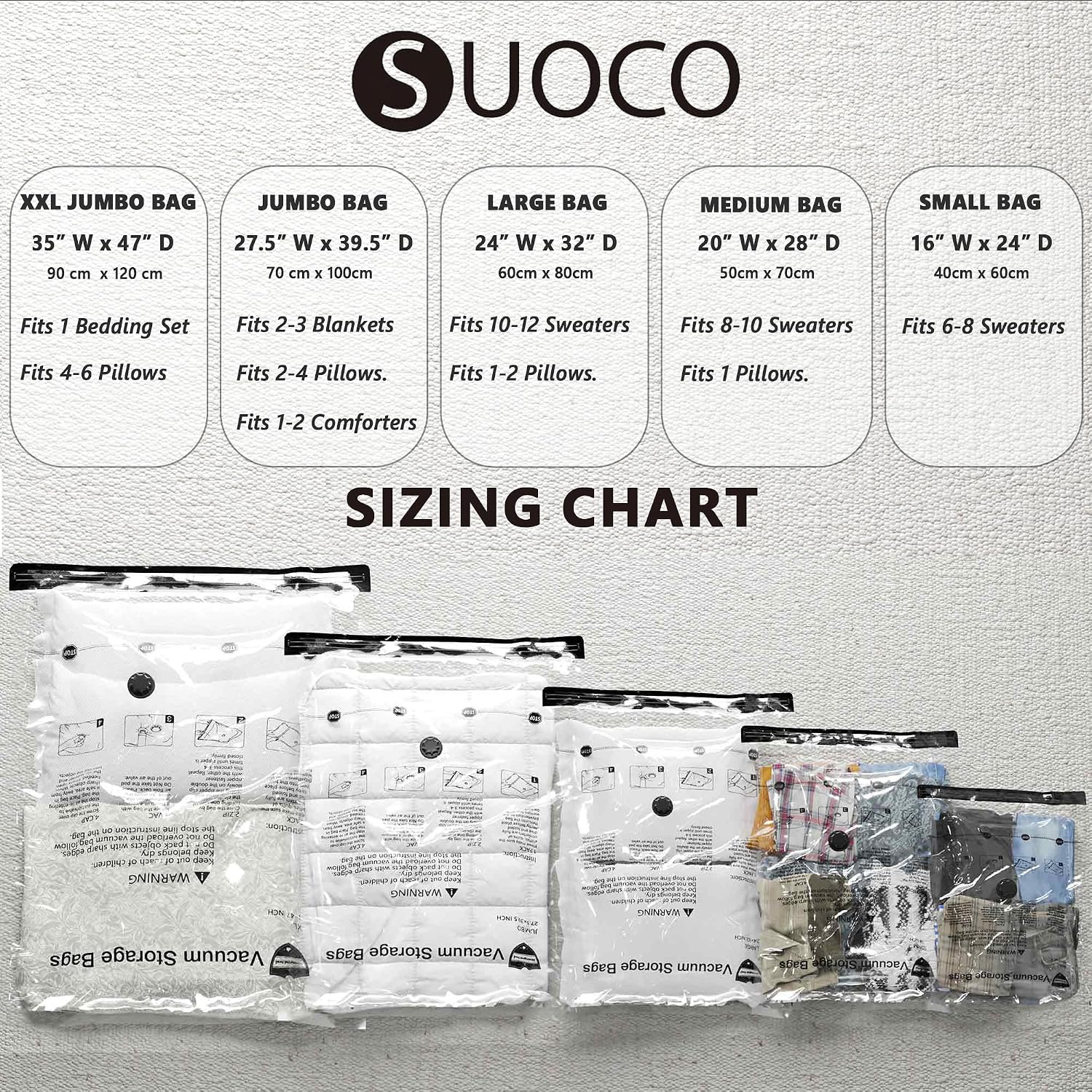 Detalle de SUOCO VAC-2004 vacuüm-opbergzakken, 4 jumbo + 4 large, herbruikbaar
