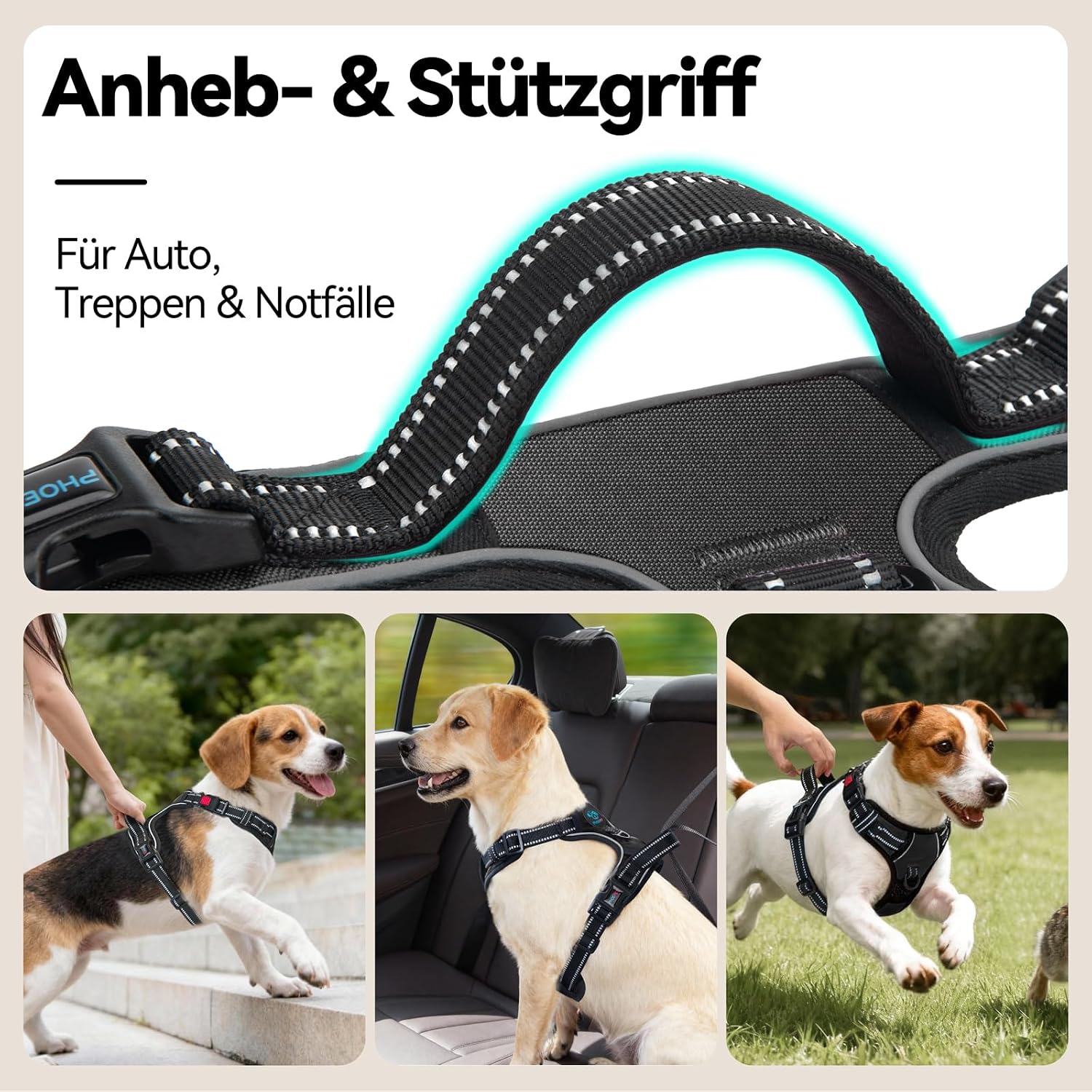 Detalle de PHOEPET No Pull Hundegeschirr verstellbar mit Kontrollgriff und reflektierenden Streifen (Schwarz, M)