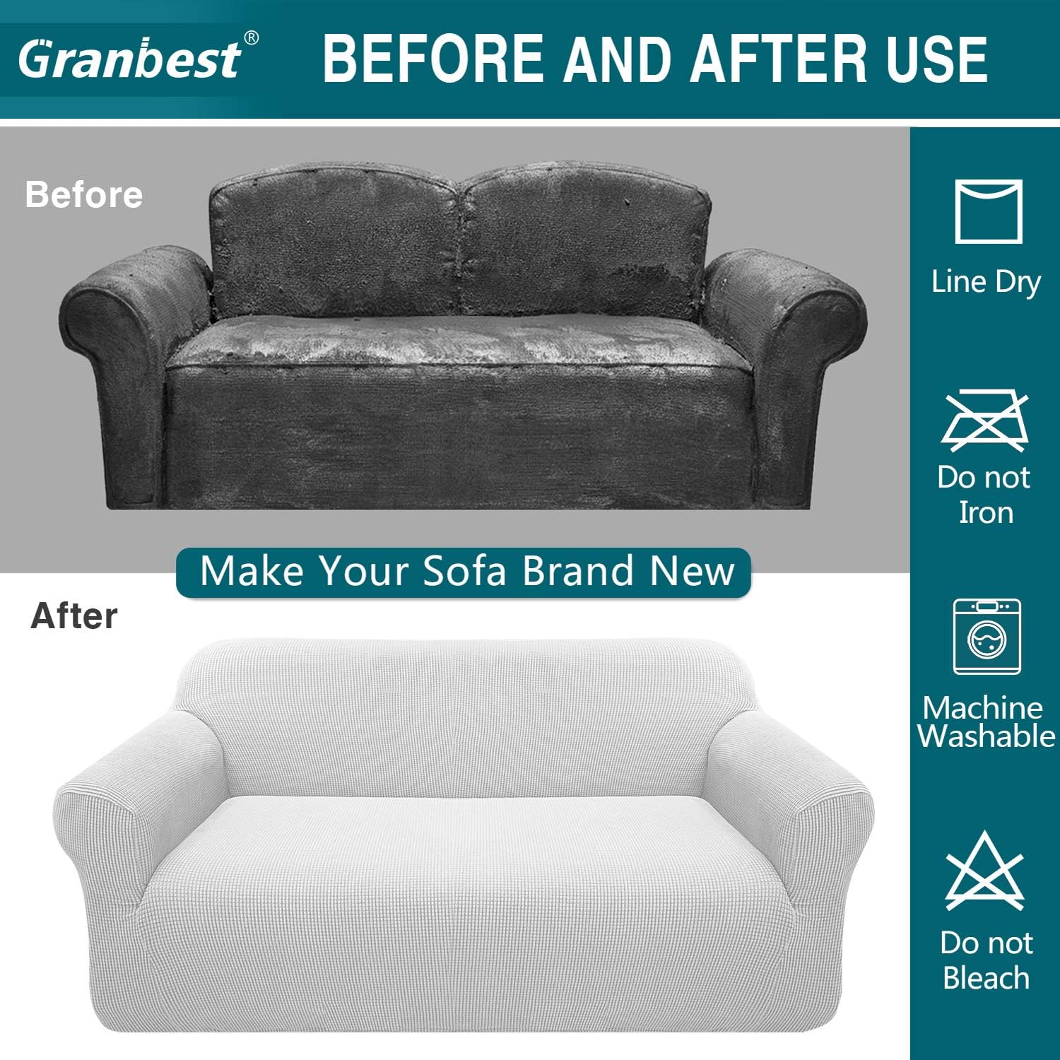 Thumbnail 4 de Granbest High Stretch 4 Seater Sofa Cover | Creamy White Jacquard Spandex Non-Slip Couch Slipcover