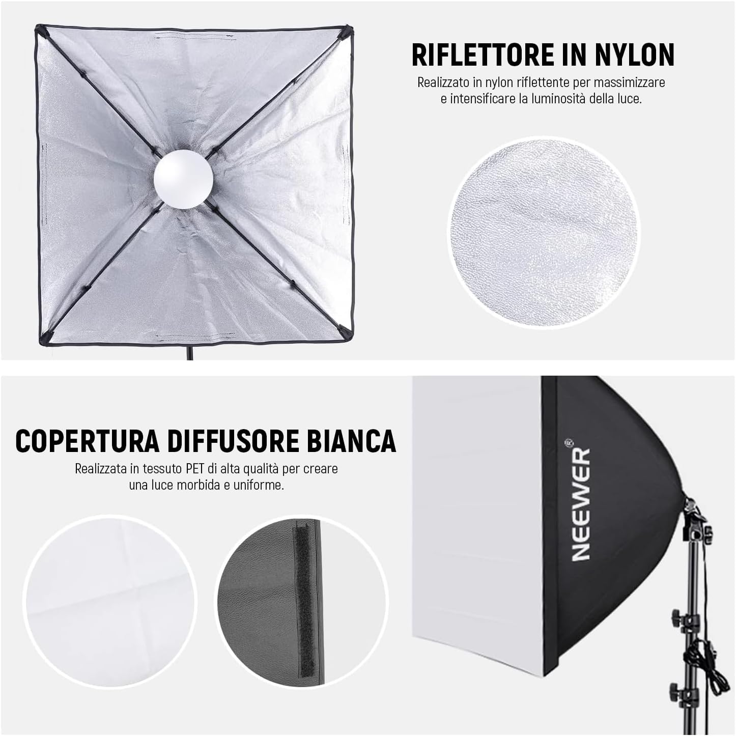 Detalle 2 de NEEWER kit softbox illuminazione continua 700W equivalente con lampadine LED 5700K, 2 diffusori 60x60 cm e supporti