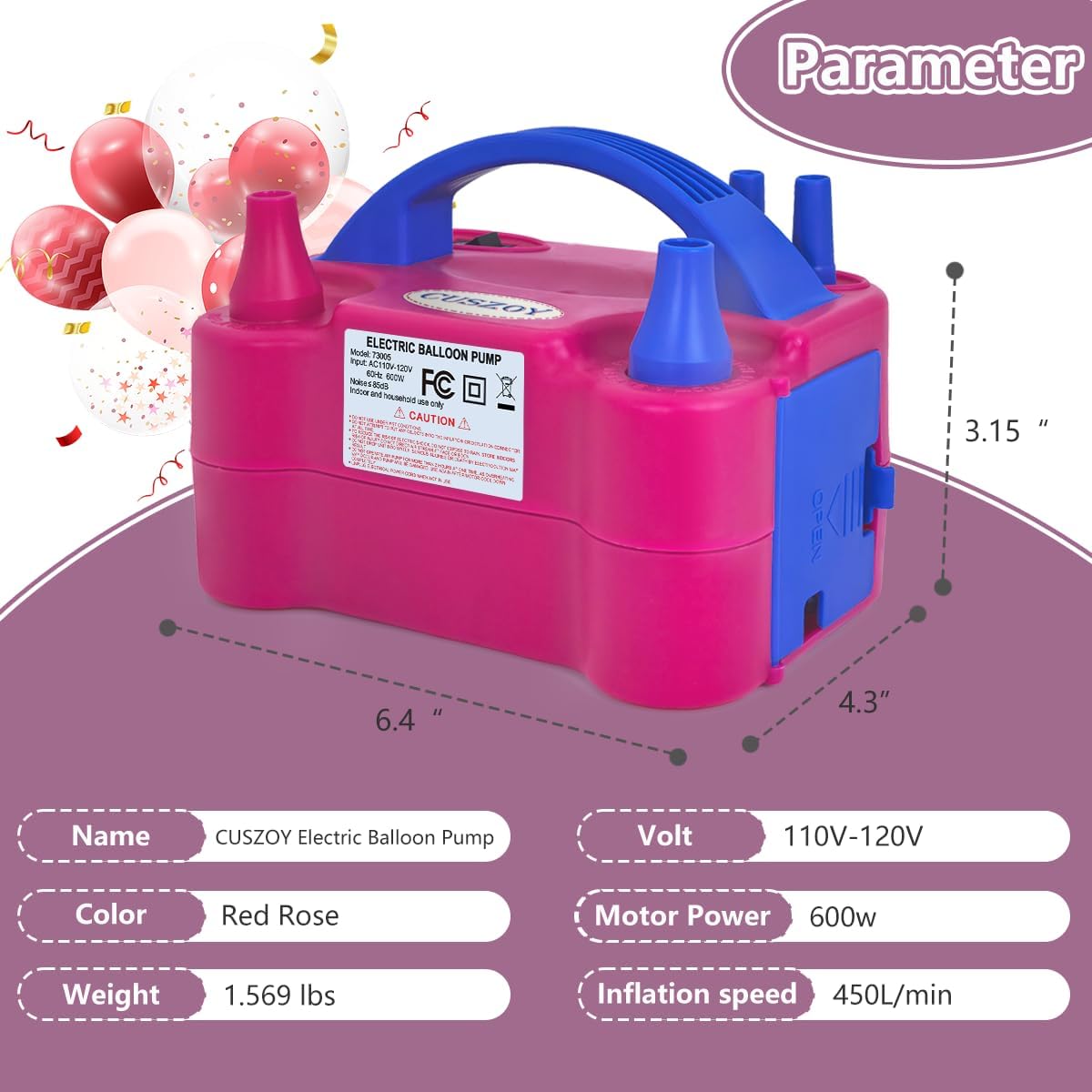 Detalle de CUSZOY RT-73005 Electric Balloon Pump, 600W, Dual Nozzle, Two Modes