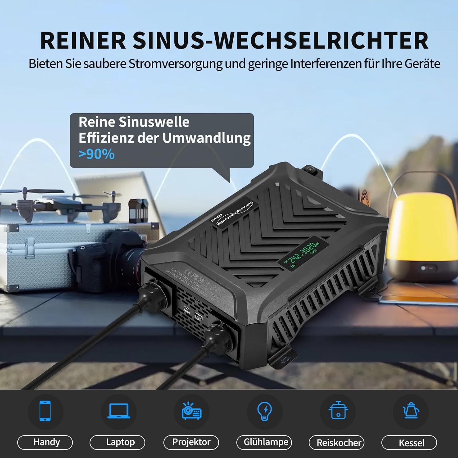 Thumbnail 5 de MFUZOP Power Inverter 12V/24V 220V a onda sinusoidale pura fino a 3.000W/6.000W con display LCD e USB/Type‑C