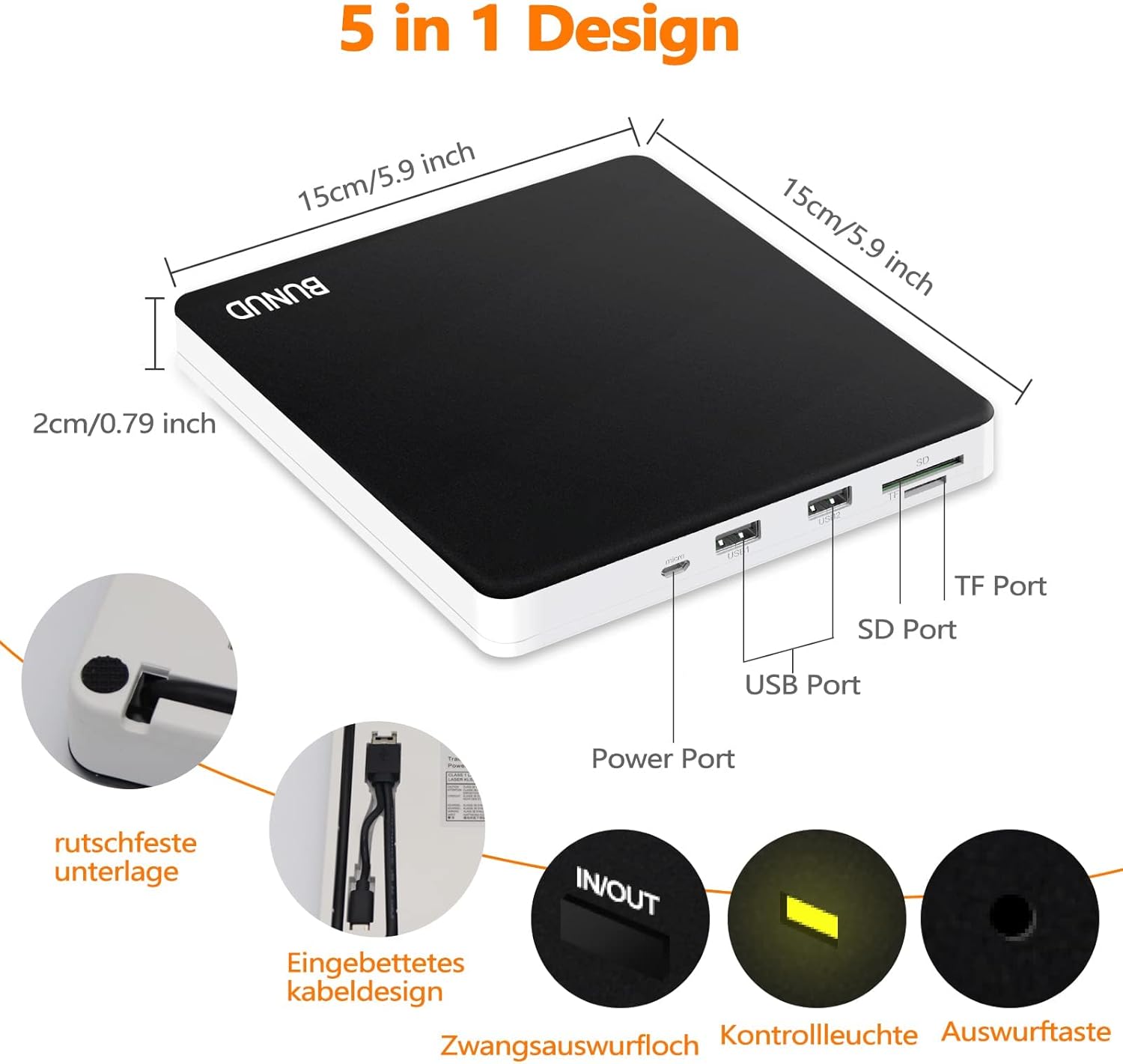 Thumbnail 3 de BUNUD Externes 5-in-1 DVD-Laufwerk für Windows 11 (USB 3.0 / USB-C, SD/TF, CD/DVD Brenner & Player)