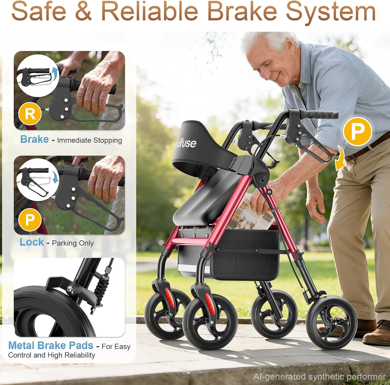 Detalle de soundfuse Foldable Rollator Walker with 16-Inch Arc Seat and 8-Inch Wheels