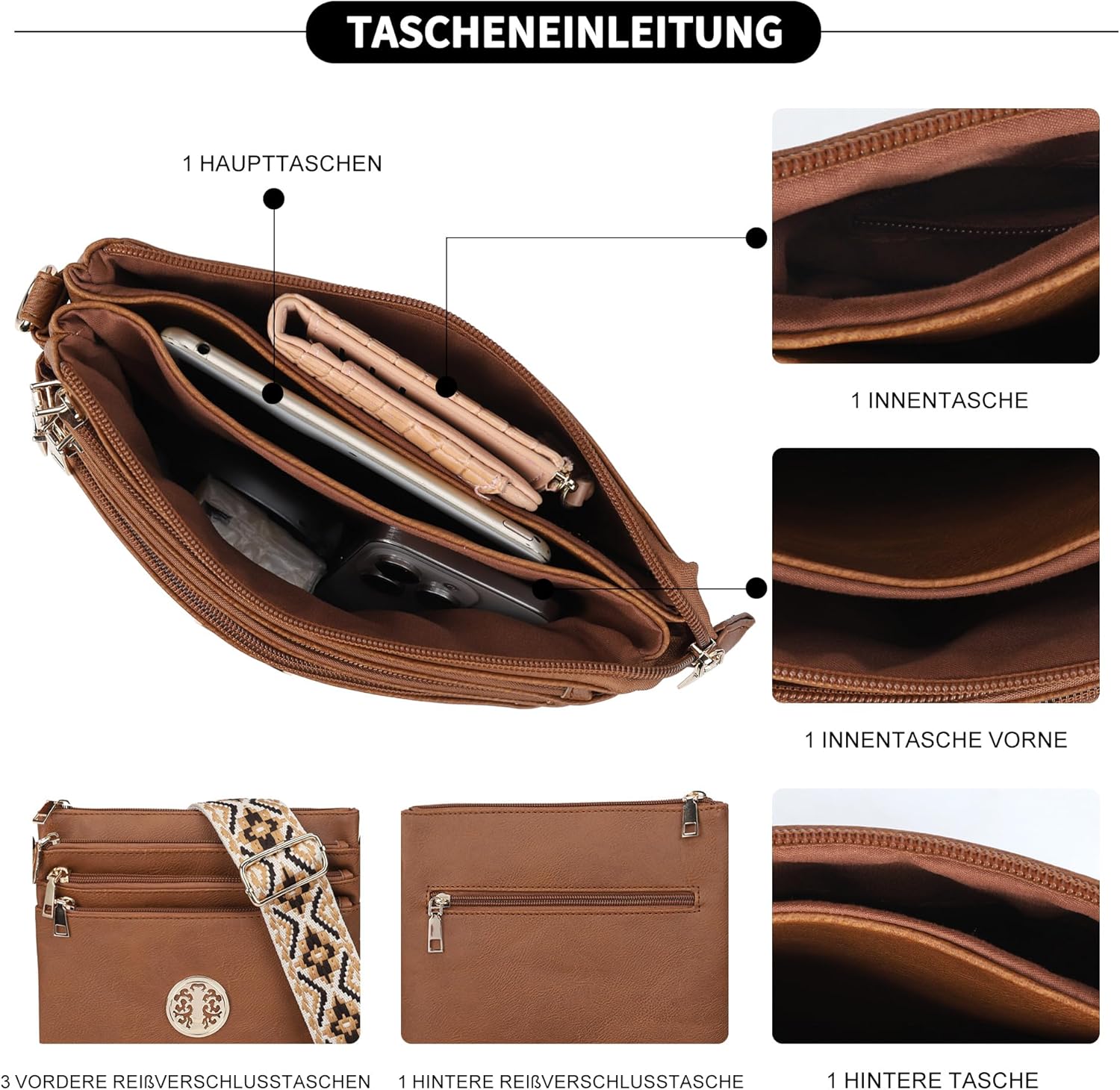 Thumbnail 3 de Gladdon Damen Umhängetasche mittelgroß aus Kunstleder mit 5 Reißverschluss-Taschen